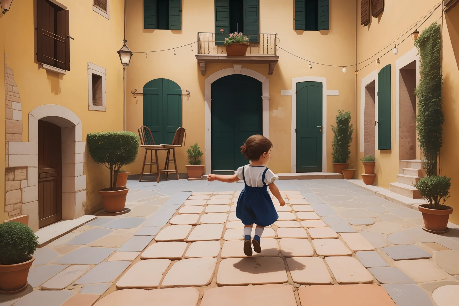 Date: 1905
Country: Italy
Description: A child plays hopscotch in an Italian courtyard, each jump marking a step towards a world of imagination and exploration.