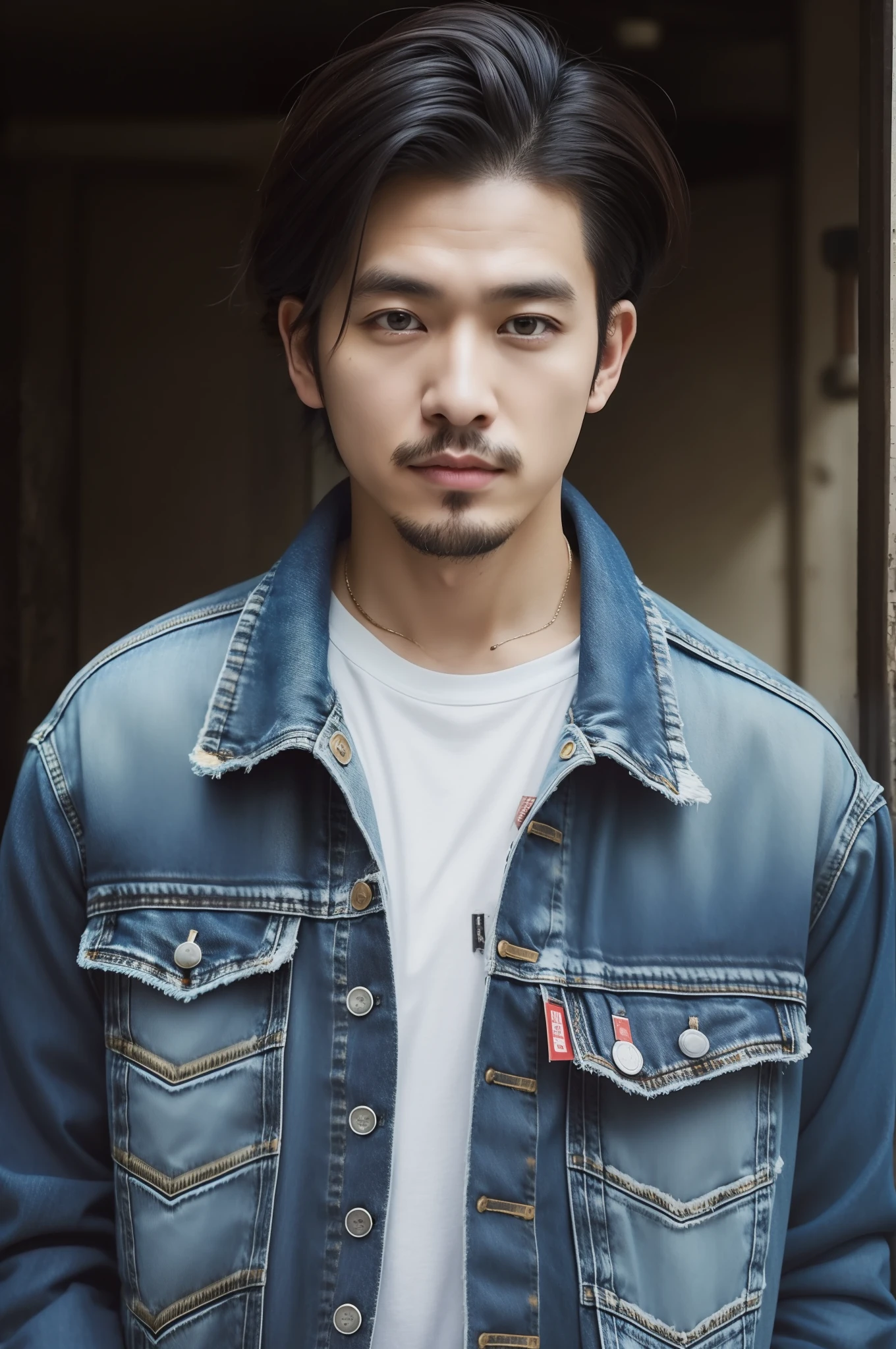Wild business style portrait of 30 year old Japan man、For spring-summer。Levi's heavy-duty denim jacket、white tank tops、damage jeans、Wearing combat boots。In appearance it is rebellious and free-spirited。Hairstyle with cropping of disheveled texture、There is a fringe、It gives an insouciant and adventurous atmosphere。