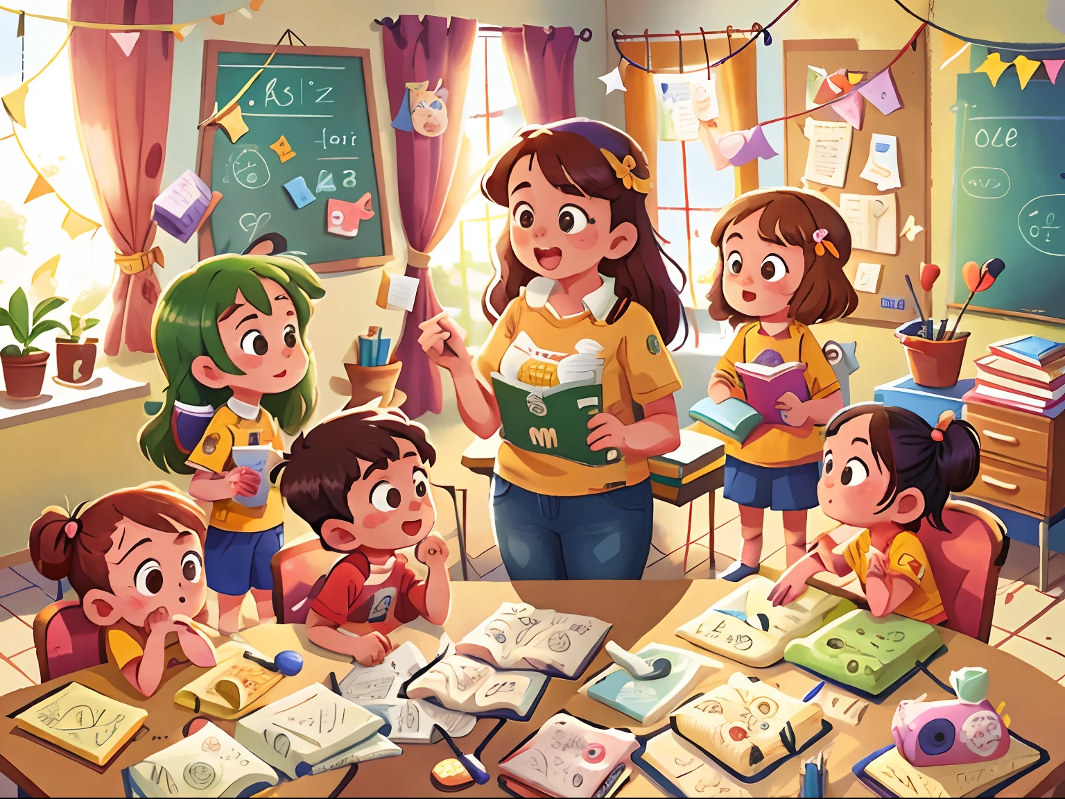 A teacher,3 students,Students aged 2-6,Play games together in the room,No tables and chairs