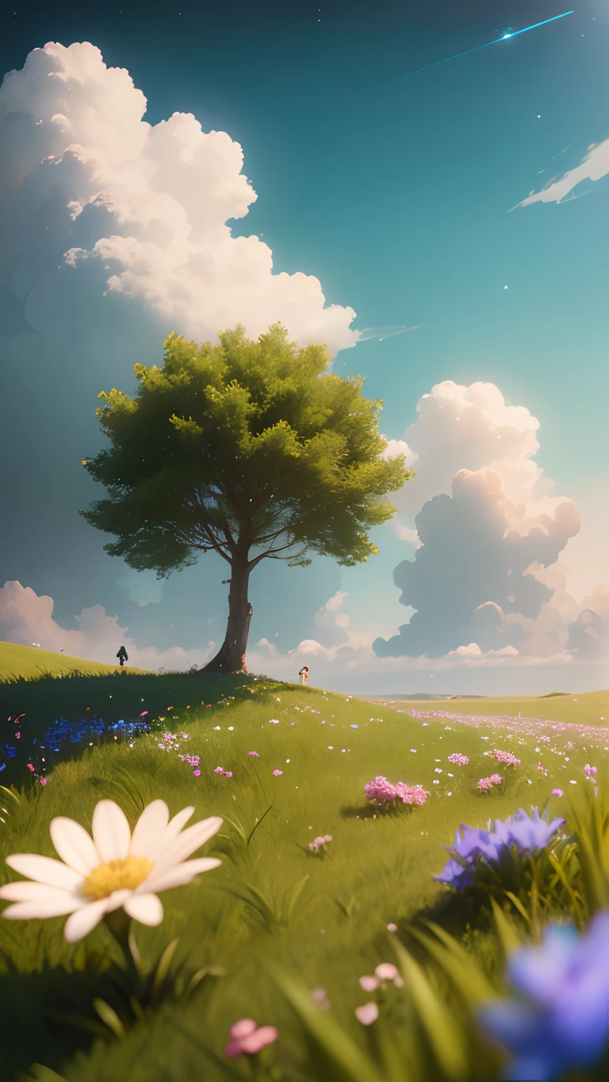 Summer, grass, a few small flowers, large clouds, blue sky, hot weather, HD detail, wet watermark, hyperdetail, cinematic, surrealism, soft light, deep field focus bokeh, ray tracing, and surrealism. --v6