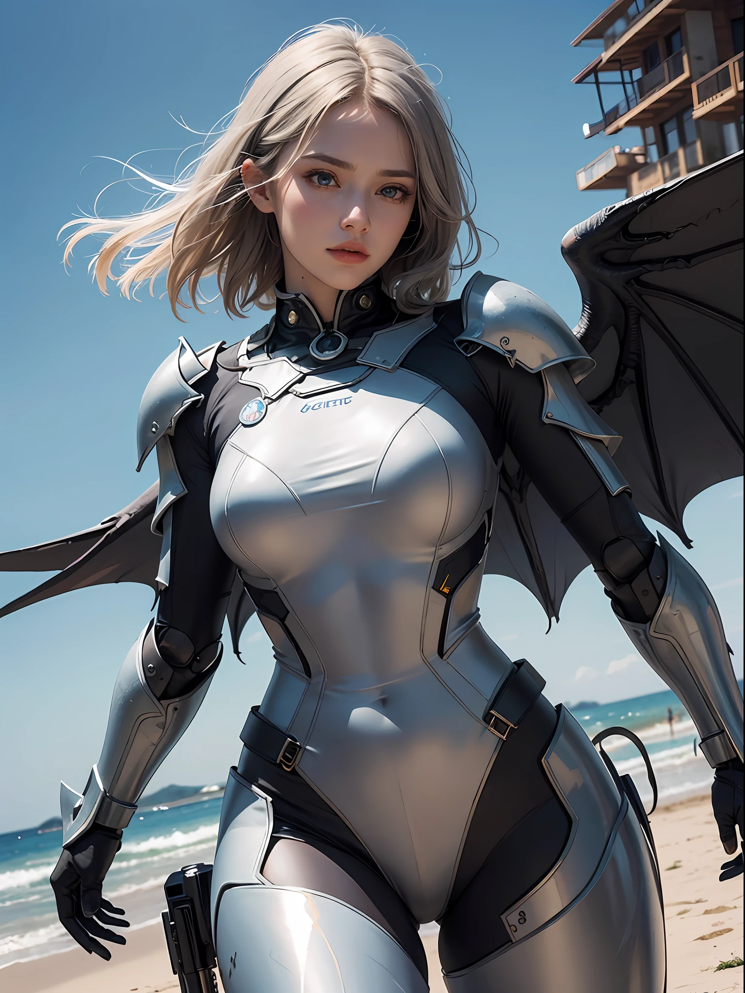 Unbeatable masterpiece, Ultra photo realsisim, Perfect artwork, Intricate details, Best quality, Strong light,High contrast,Masterpiece , best qualtiy , (Detailed eyes and skin ) , (Ultra detailed:1.4) , Super detail, Ultra HD , (Realistic , Photorealistic) .Intricate details , hyper realistic detailed .illustration , extremely detailed CG unity 8k wal , 1 robot girl , (Beautiful face:1.2) ,Solo , battle , Dynamic pose , Fly , Mecha clothes , Silver tights ,Dragon wings , Beautiful and delicate silver grass armor , military base , Gun , Combat posture