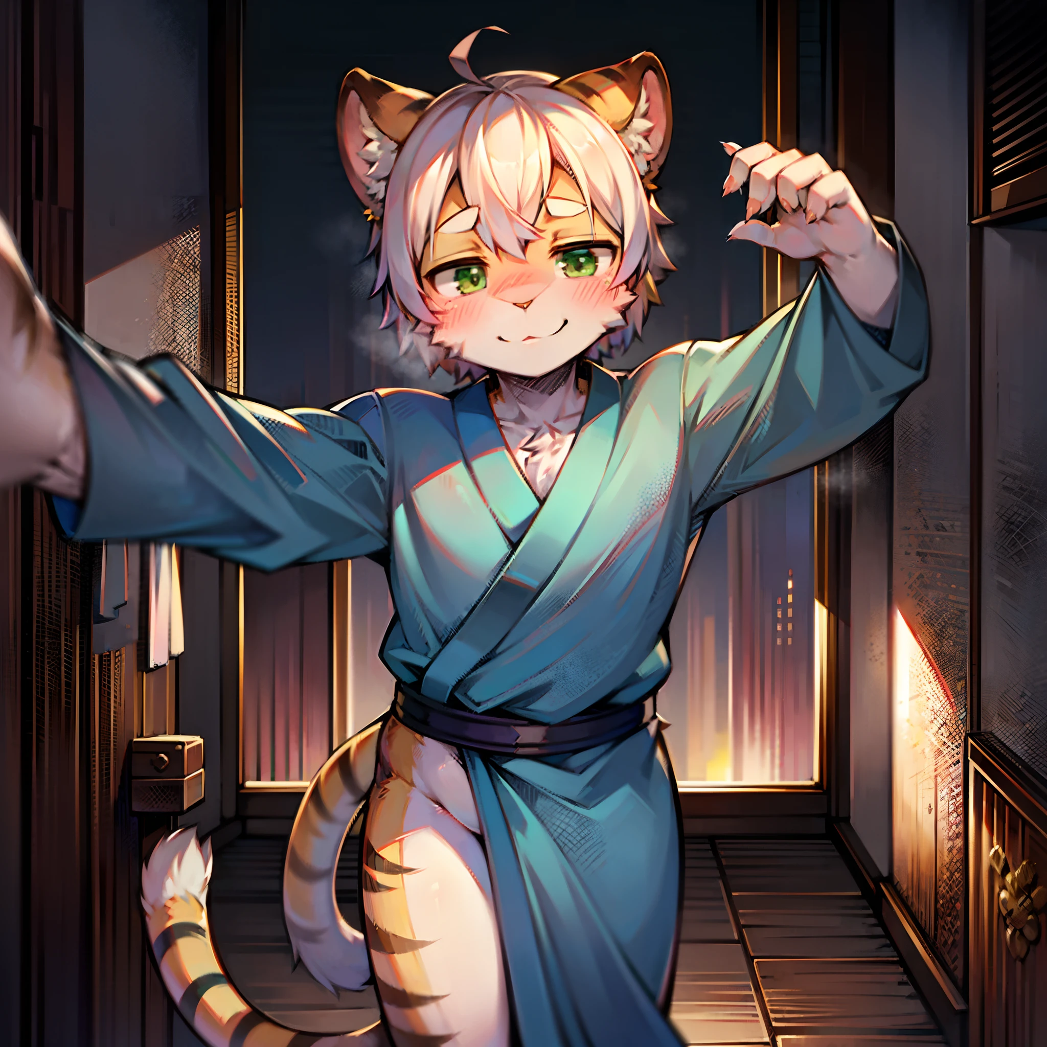 Selfie image、avatar、A boy with animal ears、individual、Solitary、Alone、Slightly fat、Fleshy、Snow-white hair、Green eyes、Tiger Ears、Tiger stripe、Tiger Tooth、Tigertail、Tiger stripe、Beast-eared tribe、Micromeat、Fleshy、a sense of mystery、Shy, shy、blush、Smile sweetly、Pose、male people、male、Wear a blue kimono、Micro nudity、boy
