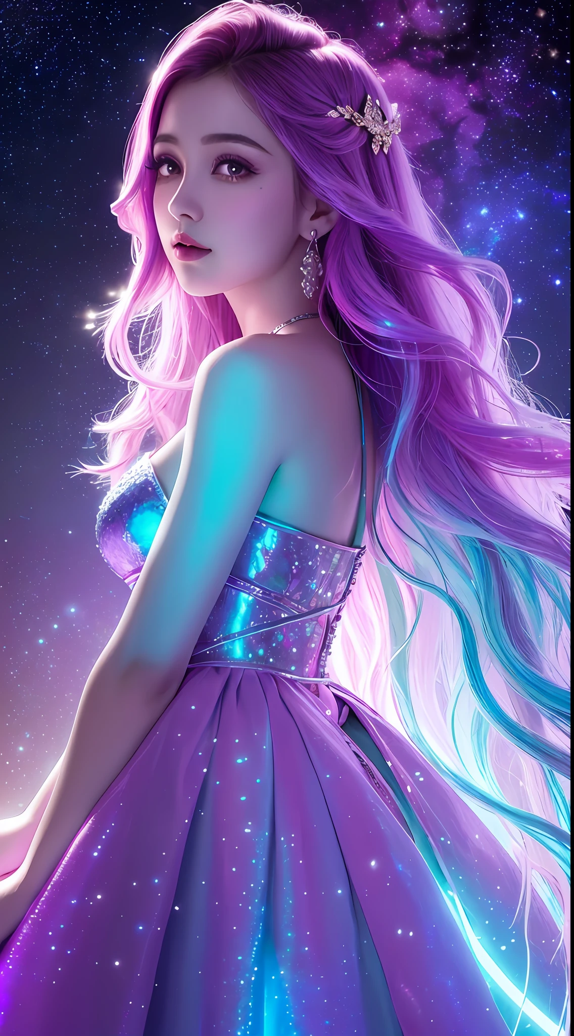 Background: Mysterious quantum environment, Cosmic elements and ethereal atmosphere,A mix of bright lights and colorful nebulae. Theme: A mysterious girl with a magical aura. She has long, Colorful wavy curls, The shiny hair stands out. His eyes are deep and expressive, Reflection Universe. She wore a flowing dress in purple and blue, With intricate details and mysterious textures. Color Palette: A combination of mysterious shades such as cosmic purple, Sky blue, Soft pink and a touch of gold. Create contrasts, Increase depth, Dark color, Such as dark purple or night blue. Aesthetics: The aesthetic combines elements of Mistycore, Known for its mysterious and ethereal atmosphere, and crystal cores, With its crystal clarity and sparkling details. The girl exudes magical energy,Her presence hangs over her,mesmerising. Covered with: Keep subtle glowing effects and glitter overlays around the girl, Covered with: Add a soft glow effect around the girl and crystal, It seems to exude magic. Also, Add small details of flash,Enhance the ethereal atmosphere.