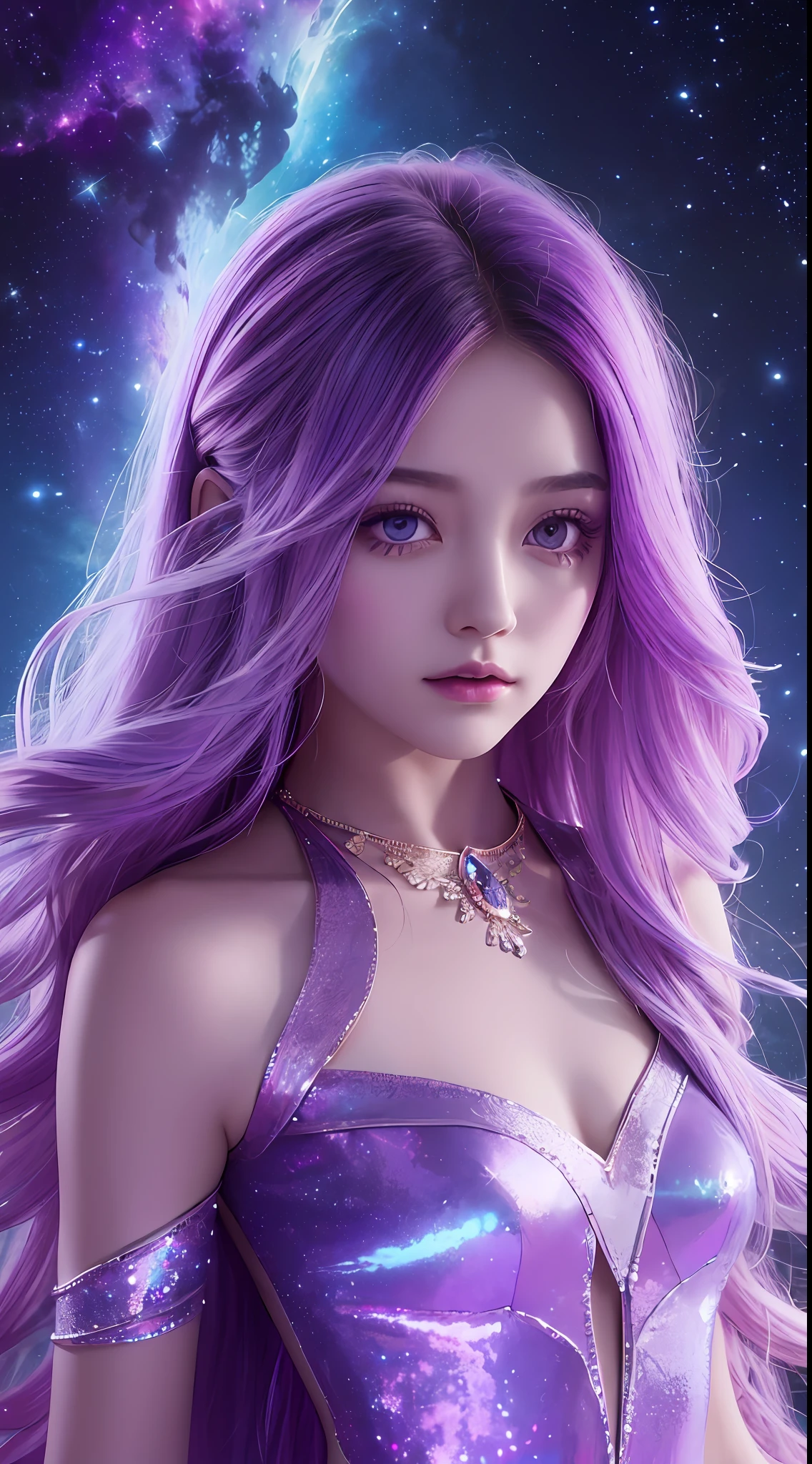 Background: Mysterious quantum environment, Cosmic elements and ethereal atmosphere，A mix of bright lights and colorful nebulae. Theme: A mysterious girl with a magical aura. She has long, Colorful wavy curls, The shiny hair stands out. His eyes are deep and expressive, Reflection Universe. She wore a flowing dress in purple and blue, With intricate details and mysterious textures. Color Palette: A combination of mysterious shades such as cosmic purple, Sky blue, Soft pink and a touch of gold. Create contrasts, Increase depth, Dark color, Such as dark purple or night blue. Aesthetics: The aesthetic combines elements of Mistycore, Known for its mysterious and ethereal atmosphere, and crystal cores, With its crystal clarity and sparkling details. The girl exudes magical energy，Her presence hangs over her，mesmerising. Covered with: Keep subtle glowing effects and glitter overlays around the girl, Covered with: Add a soft glow effect around the girl and crystal, It seems to exude magic. Also, Add small details of flash，Enhance the ethereal atmosphere.