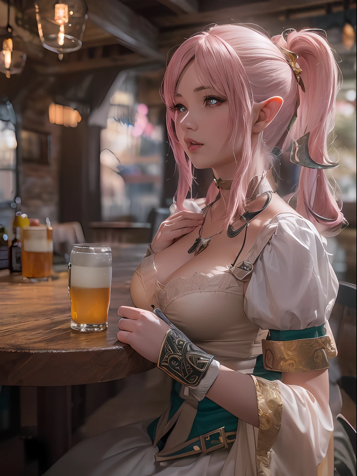 (masutepiece, High resolution, Photorealsitic:1.4), (An elf working in a tavern wearing maid clothes that emphasize breasts often seen in games with sensual and statue-like figures:1.3), (Shortwear, tight-fitting clothes、Walk towards the river:1.2), (Light pink hair:1.2), (Rosy cheeks blush with a hint of shy:1.2), (I work in an elf pub:1.2), (A stylish pub inspired by medieval Europe:1.1), (Stylish neon lights in the store:1.1), (Canon EOS R5 mirrorless camera:1.2), (Paired with Canon RF 24-70mm f/2.8 L IS USM Lens。:1.2), (Capture the realism of the moment:1.2), (Celebrate the magical charm of meeting the forest:1.2), (Captivating photos that bring fantasy to life:1.1), Cinematic, ultra-detailliert, Insane details, Beautifully color graded, Unreal Engine, degrees of freedom, Hyper-Resolution, Megapixel, cinematic lightening, Anti-aliasing, FKAA, TXAA, nffsw, SSAO, post processed, Post Production, Tone Mapping, ...CGI, VFX, tokusatsu, insanely detailed and intricat, Hyper maximalist, Hyper realistic, Volumetric, Photorealistic, ultra photoreal, Ultra-detailed, Intricate details, 8K, super detailed, fulcolor, Volumetric lightning, nffsw, Realistic, Unreal Engine, 16 K, Sharp Focus, Octane render --v testp