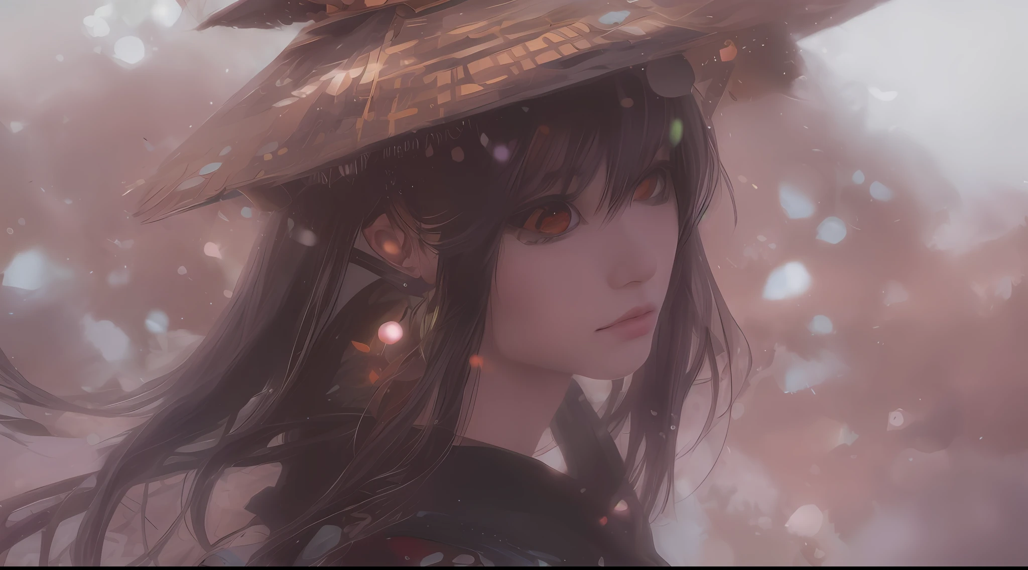 anime girl with a large hat on her head in the snow, artwork in the style of guweiz, guweiz, anime style 4 k, anime art wallpaper 4k, anime art wallpaper 4 k, guweiz on artstation pixiv, guweiz on pixiv artstation, anime art wallpaper 8 k, 4k anime wallpaper