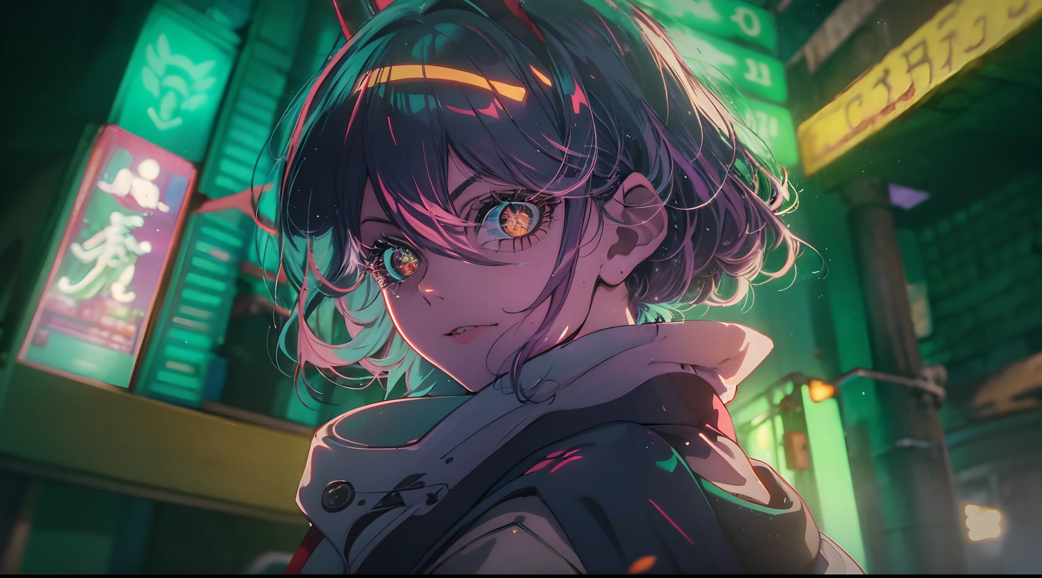 Noite, Fundo colorido da cidade cyberpunk, menina de rua,power,chainsaw man, olhos brilhantes, retroiluminado, brilhar, Surveying the audience, Low angle lens, olhando para cima lente, perfect composition, delicadeza perfeita de luz e sombra, 8k