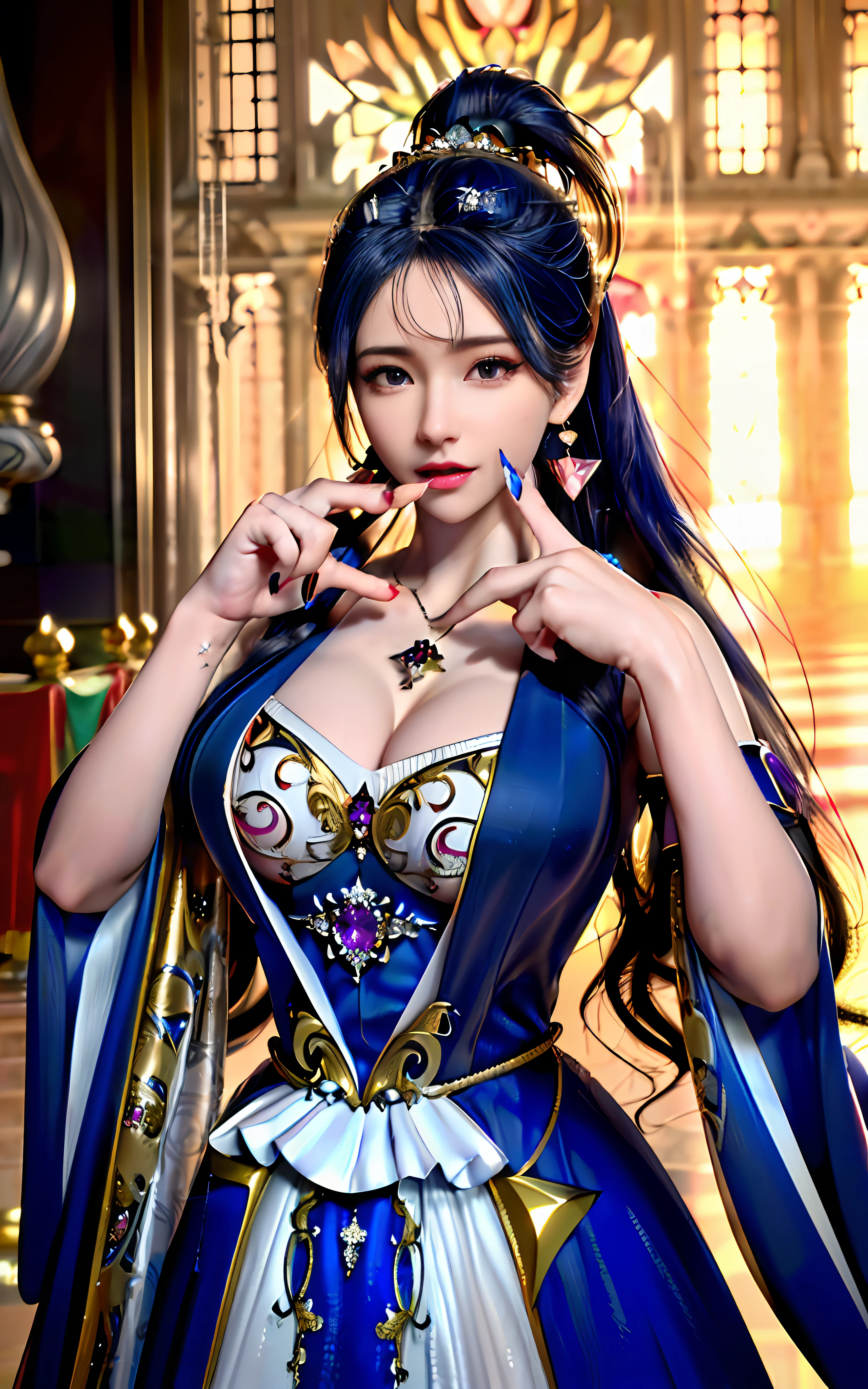 ((realisticity: 1.2)), ((realistic: 8K UHD)), ((best resolution: 8K UHD)), hyper detailed, best quality,masterpiece,highres,cg, ((1 girl hyper detailed and hyper realistic) ) , ((beautiful queen, hyper realistic and hyper detailed)),((white skin, beautiful, smooth, youthful, hyper realistic and hyper detailed )), ((Face hyper beautiful, white, hyper realistic and hyper detailed ) ), long hair, ((hyper realistic and hyper detailed dress)), solo, ((hyper realistic, hyper beautiful, beautiful and hyper detailed jewelry)), ((hyper beautiful deep red and golden yellow dress, hyper realistic and hyper detailed )) , ((Her pretty, hyper realistic, hyper detailed diamond filled earrings)), ((Her gorgeous diamond haircut, hyper realistic and hyper detailed)), ((hyper pretty upper body, hyper beautiful, hyper realistic and hyper detailed) ), ((medium breast: 1.1)), ((hyper realistic, hyper pretty, hyper detailed boobs)), ((the backgroun of the royal palace is hyper majestic, hyper realistic and hyper detailed)),((hands and palms hyper beautiful, hyper detailed, hyper realistic)), ((hyper detailed and hyper realistic fingers and fingernails)), ((hyper pretty fingernails, hyper vivid, hyper detailed, hyper realistic)), ((thumb, index finger, middle finger, ring finger, little finger hyper vivid, hyper pretty, hyper detailed, hyper realistic)),
((hyper beautiful fingers, hyper detailed, and hyper realistic)), ((posture not too fat and not too thin, hyper realistic, hyper detail)), ((hyper pretty, hyper pretty, hyper realistic and hyper detailed hair bun)), ((hyper pretty , hyper realistic and hyper detailed blue hair)), candid, Photo, high resolution, 8k , bokeh,
