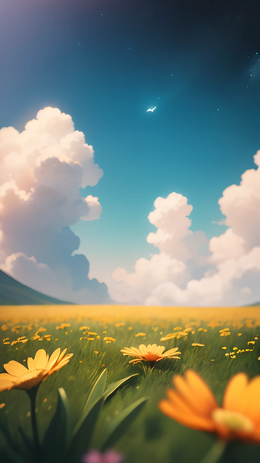 Summer, grass, a few small flowers, large clouds, blue sky, hot weather, HD detail, wet watermark, hyperdetail, cinematic, surrealism, soft light, deep field focus bokeh, ray tracing, and surrealism. --v6