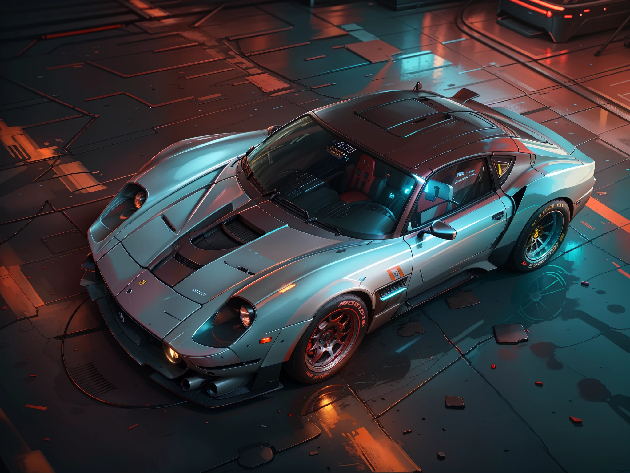 Silver white car with red stripes at front， Ferrari 280 GTO car， cyber punk perssonage， cyberpunk vibrant colors， Surreal cyberpunk art 8K， Cyberpunk 8k， Avant-garde wallpaper 4K， cyber punk style， hyper realisitc， 4k wallpaper， 4k wallpaper， 4K HQ wallpaper， 4K HQ mobile wallpaper， Vibrant cyberpunk neon colors， Ultra-realistic cyberpunk style