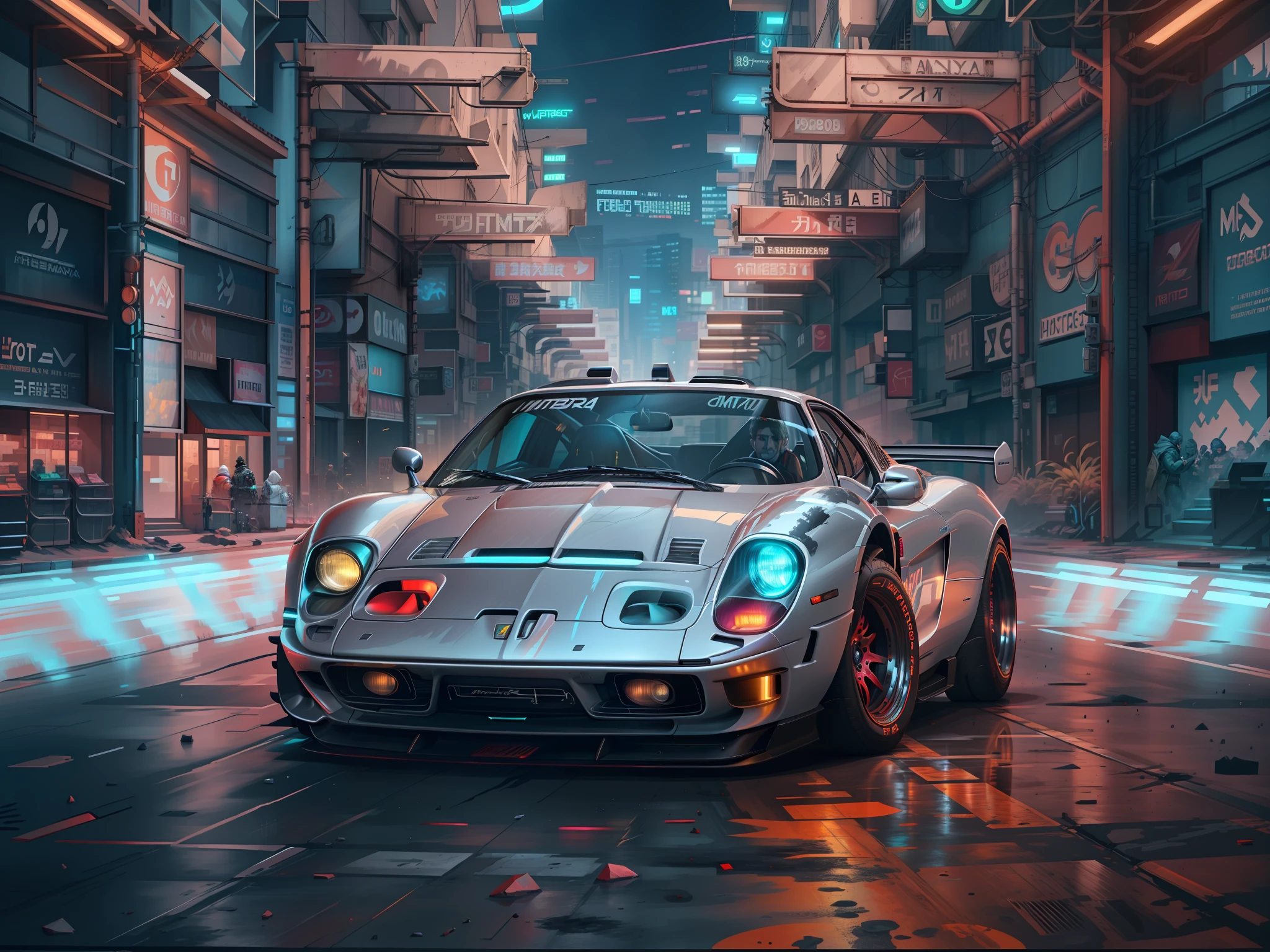 Silver white car with red stripes at front， Ferrari 280 GTO car， cyber punk perssonage， cyberpunk vibrant colors， Surreal cyberpunk art 8K， Cyberpunk 8k， Avant-garde wallpaper 4K， cyber punk style， hyper realisitc， 4k wallpaper， 4k wallpaper， 4K HQ wallpaper， 4K HQ mobile wallpaper， Vibrant cyberpunk neon colors， Ultra-realistic cyberpunk style