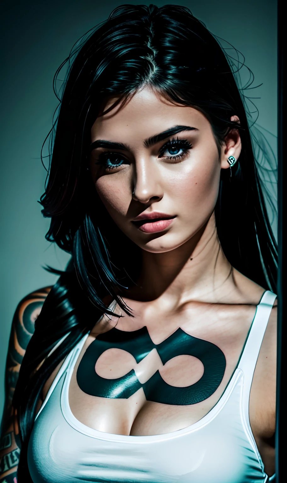 Raw photo, tattoo girl, realistic girl, hot girl, holding phone, high detailed skin, 8k uhd, high quality, soft lighting, taking photo, clothed