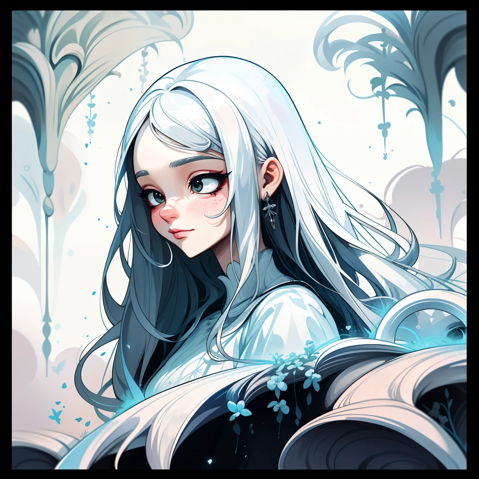 adesivo, fundo simples, portrait, 1 girl, girl with long hair, beautiful cancer girl, cancer aesthetic, beautiful girl, very beautiful fantasy art, beautiful and elegant female cancer, beautiful detailed fantasy, silver and white color palate, silver color-theme