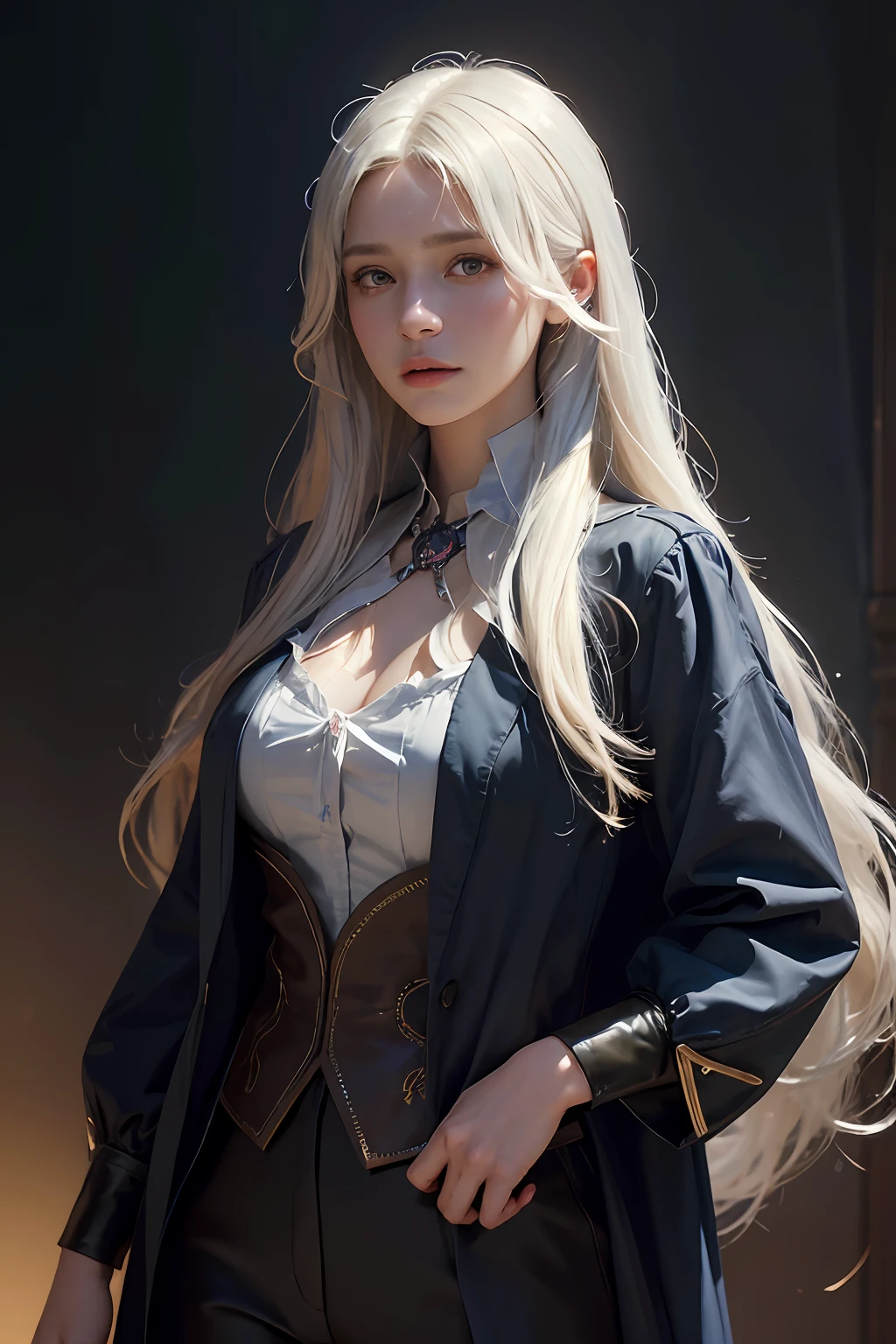 Hyperrealist portrait of female by david hockney and alphonse mucha,fantasy art, photo realistic, dynamic lighting, artstation, poster, volumetric lighting, very detailed faces, 4 k, award winning,, 1girl, in the dark, deep shadow, low key,cowboy shot,(official clothing:1.4) ,long hair,white hair,