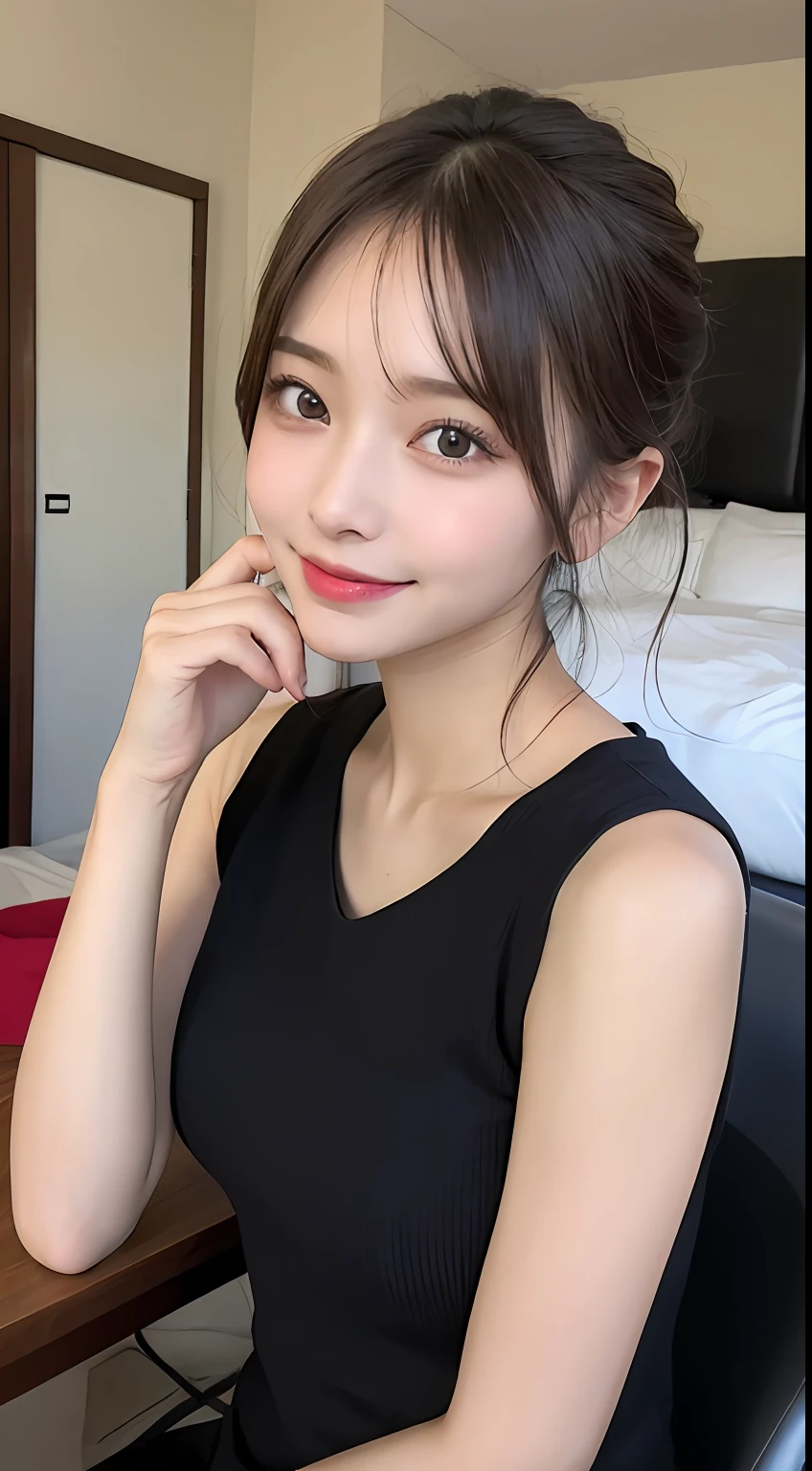 table top, highest quality, shape, Super detailed, finely, High resolution, 8k wallpaper, 完璧なダイナミックな構shape, beautiful and detailed eyes, tokyo trend冬ファッション,tokyo trend＆Introducing cute hairstyles at random, small breasts, natural color lip, random sexy pose,cute smile,big city、20 year old girl、beautiful and detailed face、perfect and beautiful face,Big eyes、fluffy black winter clothes(dress)、beautiful detailed face、perfect and beautiful double eyelids、blur the background、perfect and beautiful face、Living room in a luxury apartment、Blur background