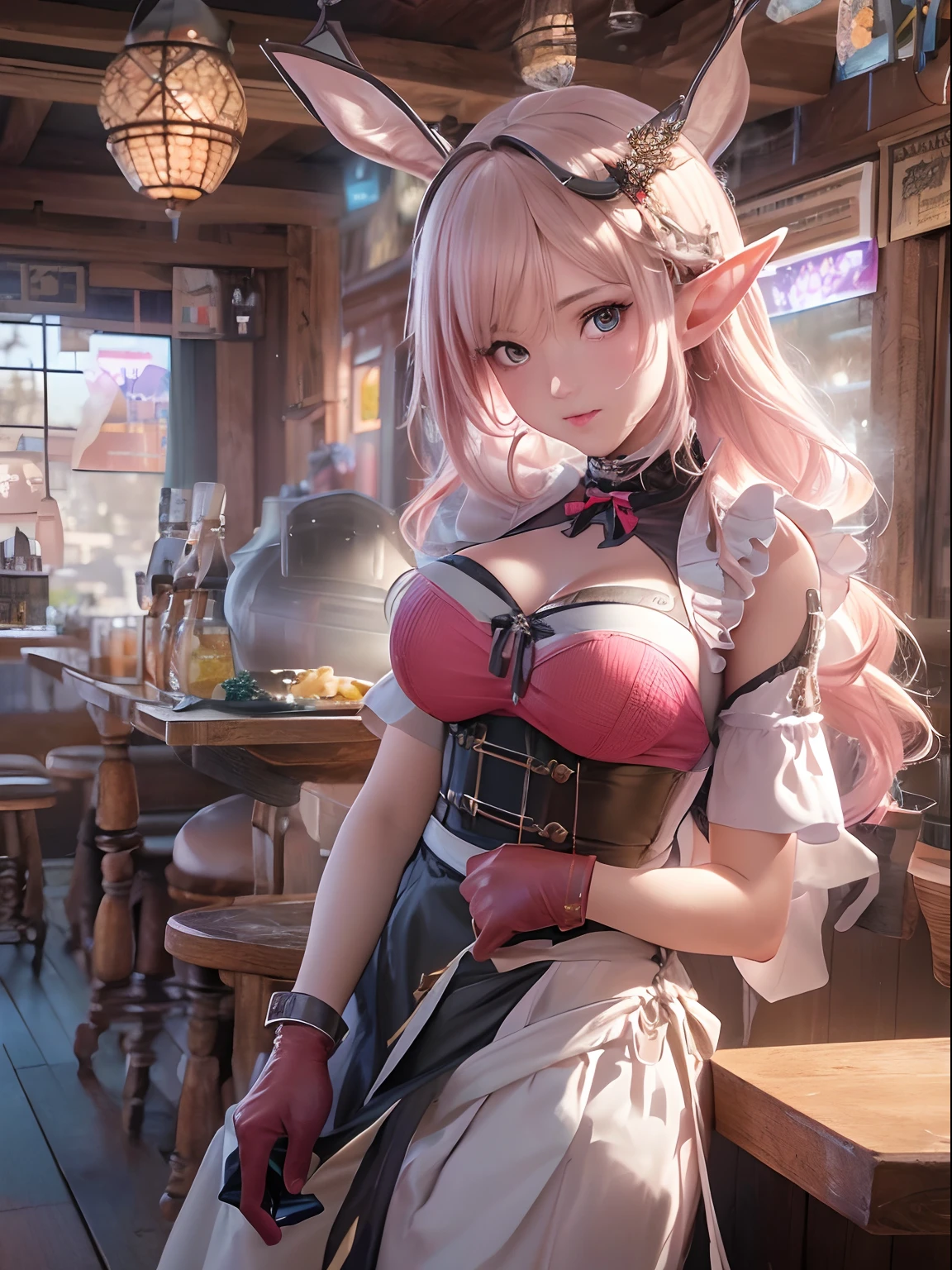 (masutepiece, High resolution, Photorealsitic:1.4), (An elf working in a tavern wearing maid clothes that emphasize breasts often seen in games with sensual and statue-like figures:1.3), (Shortwear, tight-fitting clothes、Walk towards the river:1.2), (Light pink hair:1.2), (Rosy cheeks blush with a hint of shy:1.2), (I work in an elf pub:1.2), (A stylish pub inspired by medieval Europe:1.1), (Stylish neon lights in the store:1.1), (Canon EOS R5 mirrorless camera:1.2), (Paired with Canon RF 24-70mm f/2.8 L IS USM Lens。:1.2), (Capture the realism of the moment:1.2), (Celebrate the magical charm of meeting the forest:1.2), (Captivating photos that bring fantasy to life:1.1), Cinematic, ultra-detailliert, Insane details, Beautifully color graded, Unreal Engine, degrees of freedom, Hyper-Resolution, Megapixel, cinematic lightening, Anti-aliasing, FKAA, TXAA, nffsw, SSAO, post processed, Post Production, Tone Mapping, ...CGI, VFX, tokusatsu, insanely detailed and intricat, Hyper maximalist, Hyper realistic, Volumetric, Photorealistic, ultra photoreal, Ultra-detailed, Intricate details, 8K, super detailed, fulcolor, Volumetric lightning, nffsw, Realistic, Unreal Engine, 16 K, Sharp Focus, Octane render --v testp