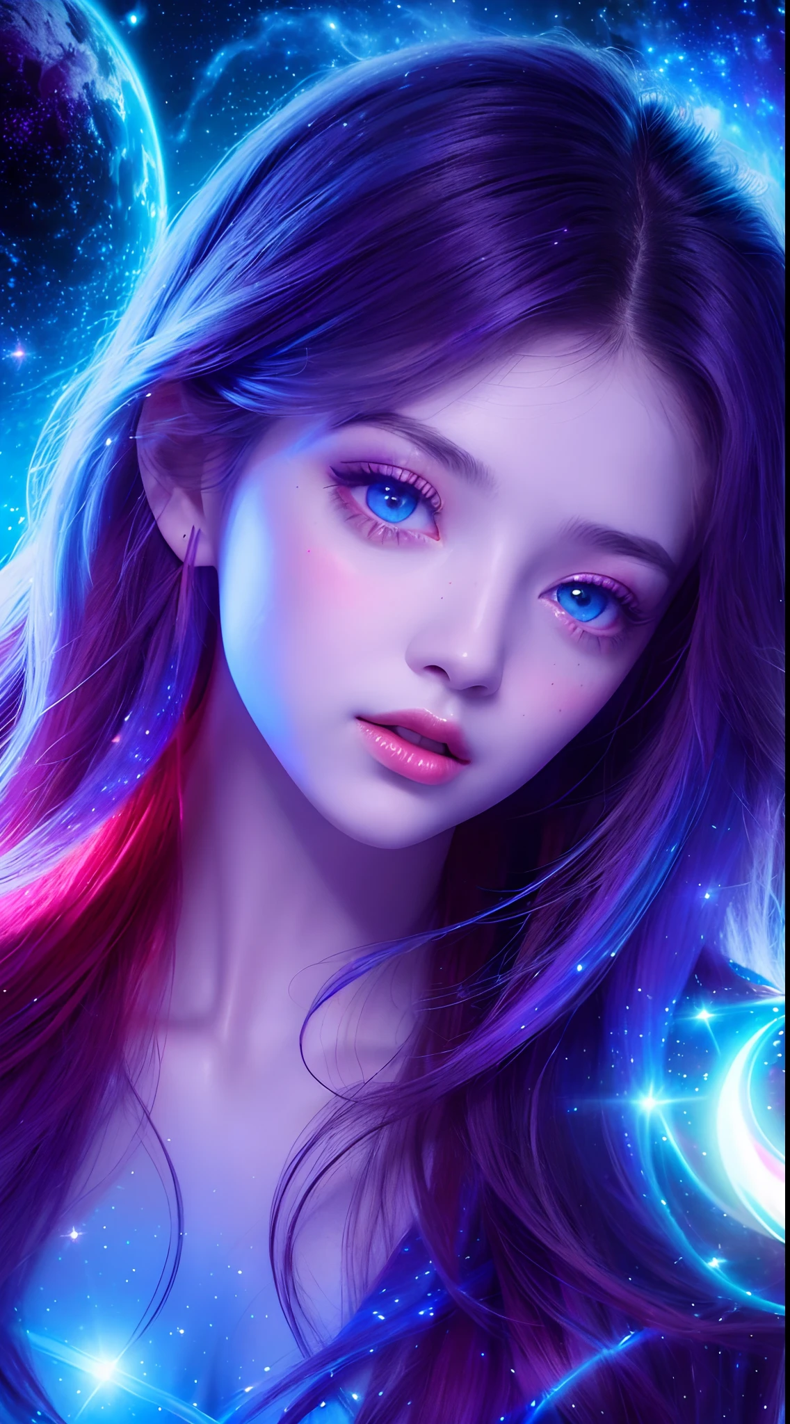 4K ultra hd, masterpiece, a girl with a magical aura, good face, long hair, shining hair, detailed eyes, glossy lips, wearing a dress in color red, aura around the body, magical effects, spreading blue and red lights, Cosmic elements and ethereal atmosphere, A mix of bright lights and colorful nebulas, universe background, whole body capture.