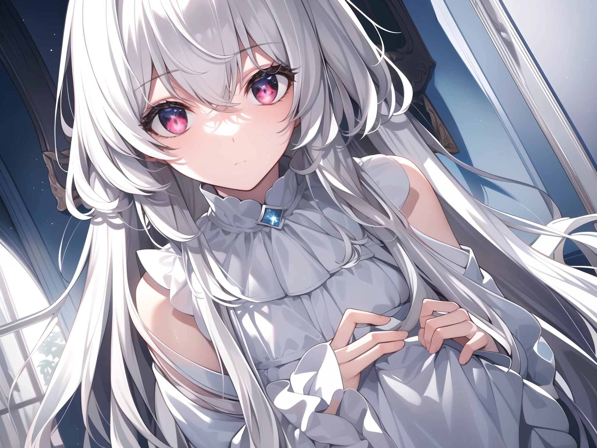 ((Masterpiece, Best quality))++, Detailed light+, Detail hair+, detail hand+ ,1girll, woman, Long hair, Crimson eyes, Beautiful eyes, Young gray hair,,(Beautiful white hair:1.5),(Beautiful detailed eyes), high resolution+, blacksilk , a black skirt, Glass tones, Reflective eyes, {{Angle}} , extremelydetailedwallpaper, Original, ,
