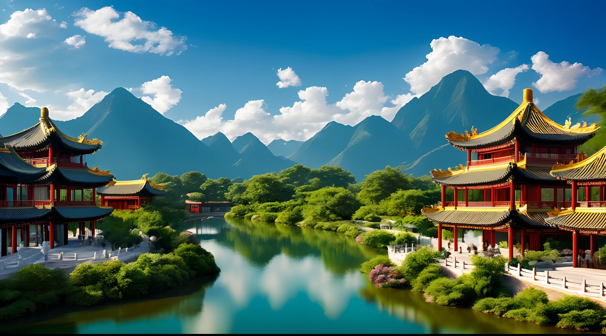 mdjrny-pprct, Chinese architecture, gardens, mountains and rivers, clouds (high detail: 1.2)