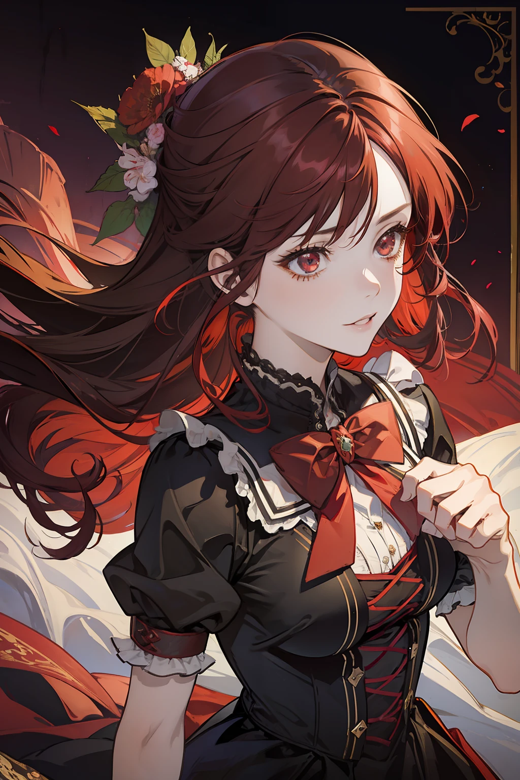 1 girl, solo, red dark hair, sexy girl, seductive, garden royal background, maid outfit, different hairstyle, short and long hair, maid, fantasy, royal