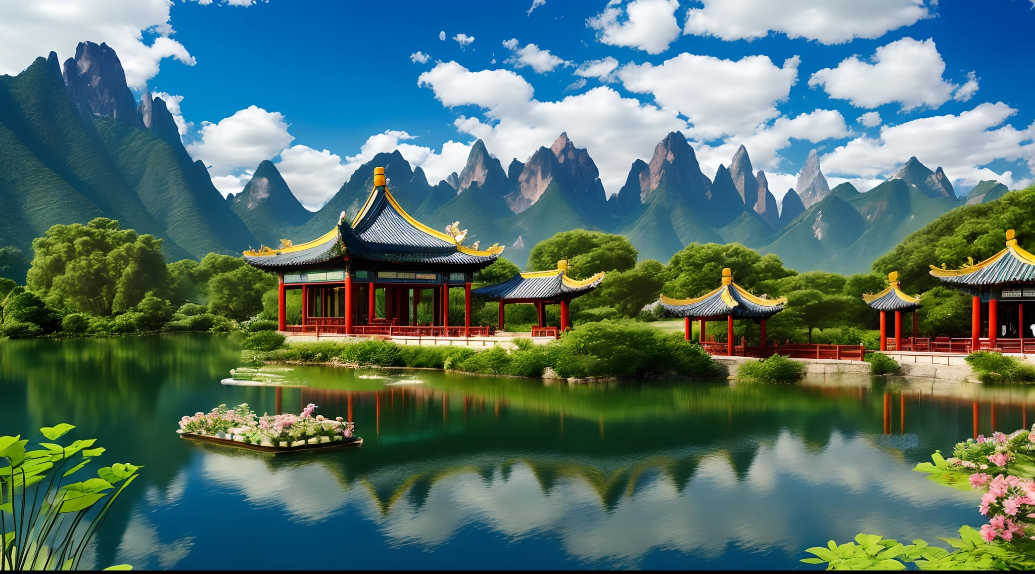 mdjrny-pprct, Chinese architecture, gardens, mountains and rivers, clouds (high detail: 1.2)