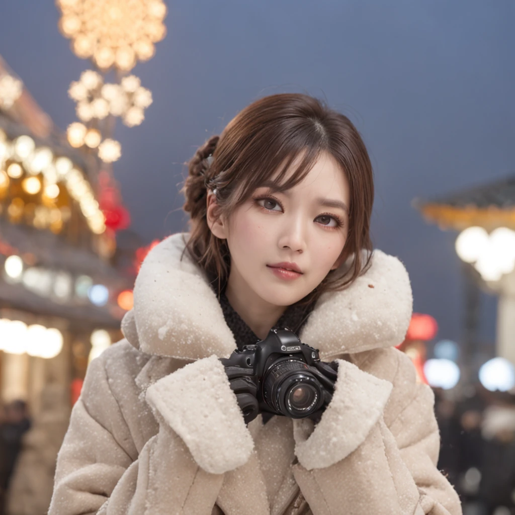 The background is Minato Mirai 21、the Ferris wheel、Time is night、Depicting a heavy snowfall scene in the middle of winter、The figure is at an angle of 45 degrees、Inverness coat、Women in long coats。She has pale black eyes and a pale brown chignon hairstyle.、piercings、muffler..Shoulder bag、Other Bracelets、wrist watch、She also wears long boots.