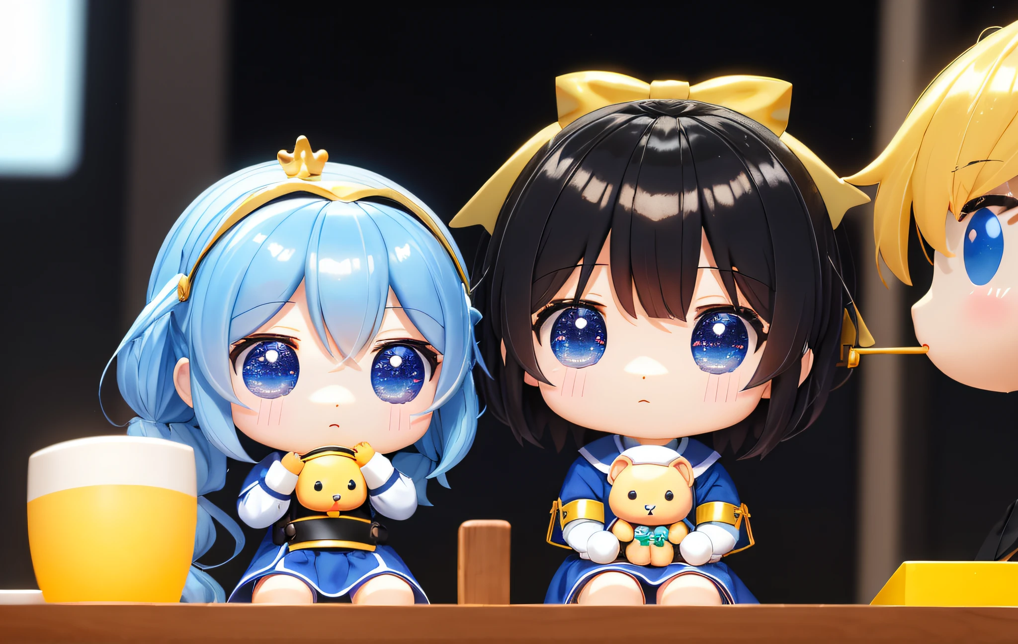 Pop Mart Blind Box IP、Close up of four cute knight dolls、Young One Angel Style、Wear longer, Dress fluently、Lop style、Poseline doll、Little people々々々々。Little people々々々々、unreal enginee 5、Light 3D/C4D production: 8K HD quality/illuminating/Ultra-fine lens description 1.5、flawless、Chibi Background/Cinematic。