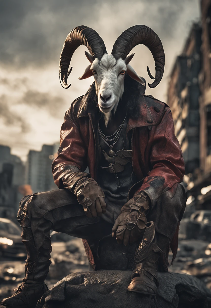 Goat-faced demon ,Wear military uniforms,Pick up the axe,red - eyed,unholy,Fierce,rampage ,Stand at the highest part of the city,Observe the city,Behind is the Demon Legion,Epic war fantasy digital art,tmasterpiece,high qulity,8K,UHD resolution,Detailed detail drawing,realisticlying,Very realistic,Cinematic light,an award winning photograph, author:Lee Jeffries Nikon D850 Film Stock Photo 4 Kodaport 400 Camera F1.6 lens rich colors hyper realistic lifelike texture dramatic lighting unrealengine trending on artstation cinestill 800,