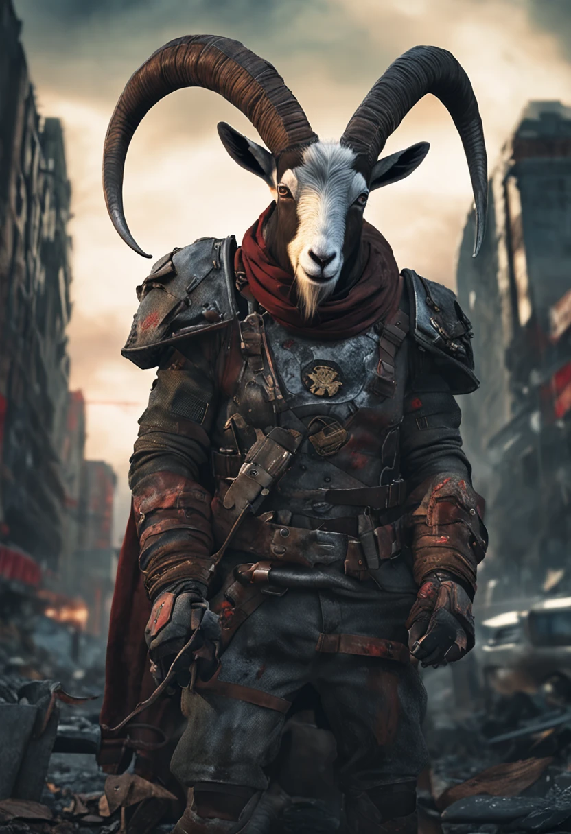 Goat-faced demon ，Wear military uniforms，Pick up the axe，red - eyed，unholy，Fierce，rampage ，Stand at the highest part of the city，Observe the city，Behind is the Demon Legion，Epic war fantasy digital art，tmasterpiece，high qulity，8K，UHD resolution，Detailed detail drawing，realisticlying，Very realistic，Cinematic light,an award winning photograph, author：Lee Jeffries Nikon D850 Film Stock Photo 4 Kodaport 400 Camera F1.6 lens rich colors hyper realistic lifelike texture dramatic lighting unrealengine trending on artstation cinestill 800,