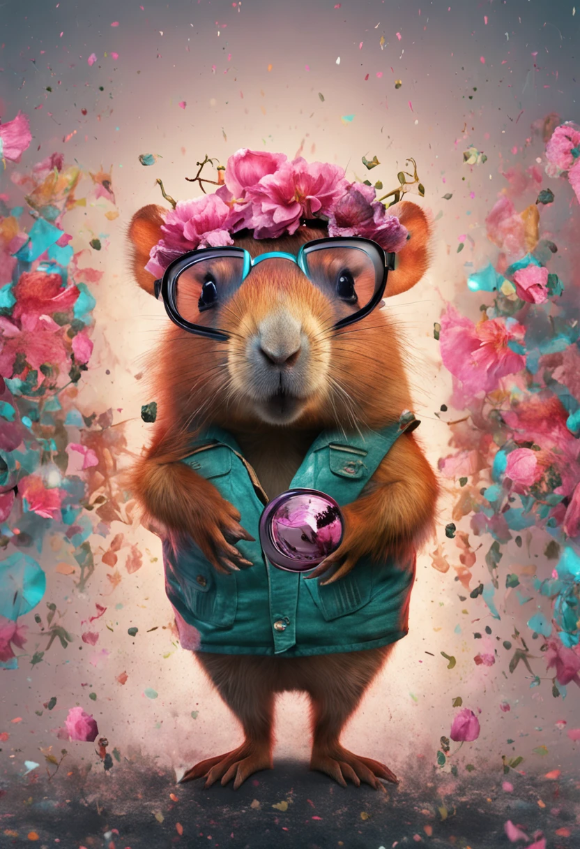 Perfect centering, Cute capybaras, Wearing a jacket,crystal vases,Rose flower, Wearing sunglasses, cheerfulness, Standing position, Abstract beauty, Centered, Looking at the camera, Facing the camera, nearing perfection, Dynamic, Highly detailed, smooth, Sharp focus, 8K, high definition resolution, illustration, Art by Carne Griffiths and Wadim Kashin, White background