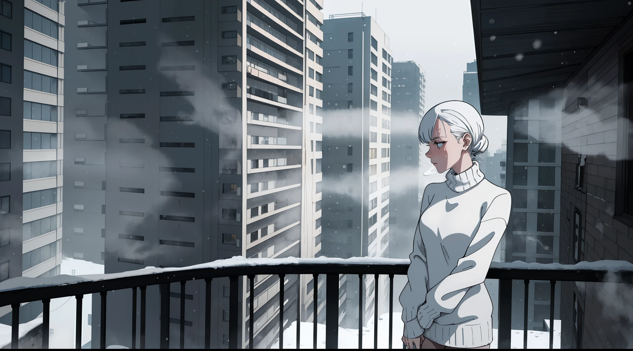 one woman, leaning on the railing of the balcony of high rise building, black hair, black eyes, wearing white sweater, alone, midnight, sad mood, ultra detail, snow, dark, smoking, bleak, sad, alone, cyberpunk, winter, snowing, foggy, far shot, cigarette, visually busy, visual clutter, cinematic, anatomically correct
