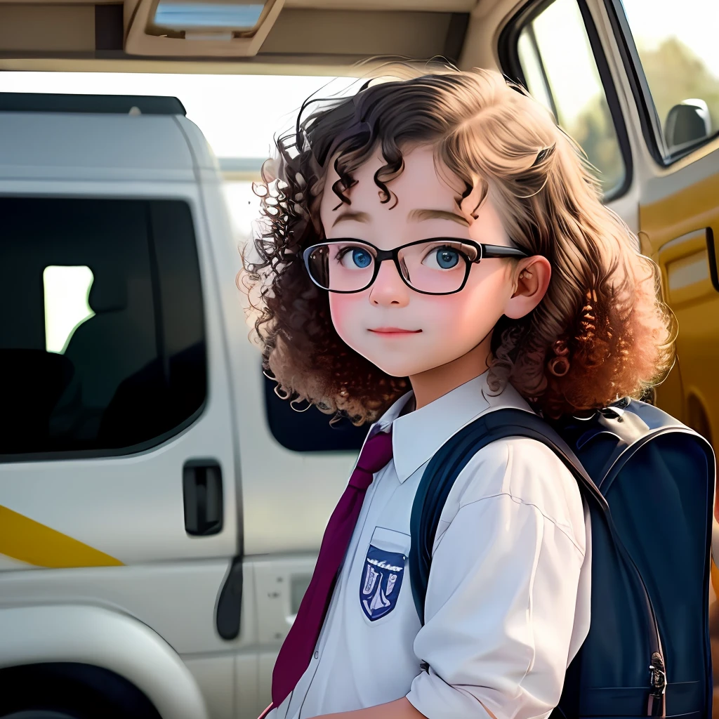 I want to create a story about an 8-year-old girl with curly hair and glasses and the school van
