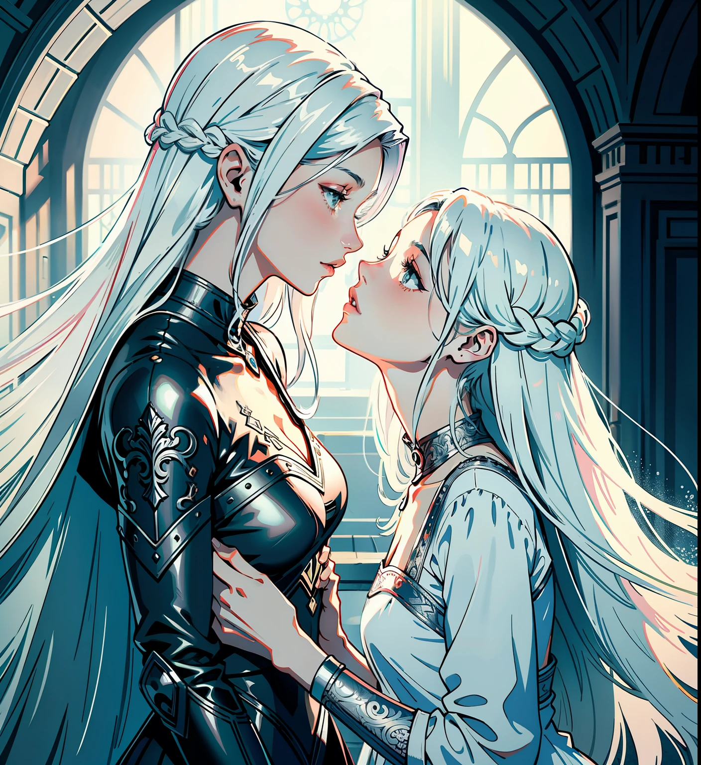 adesivo, fundo simples, portrait, 2 girls, couple, kissing, girl with long hair, beautiful cancer girl, cancer aesthetic, beautiful girl, very beautiful fantasy art, beautiful and elegant female cancer, beautiful detailed fantasy, silver and white color palate, silver color-theme