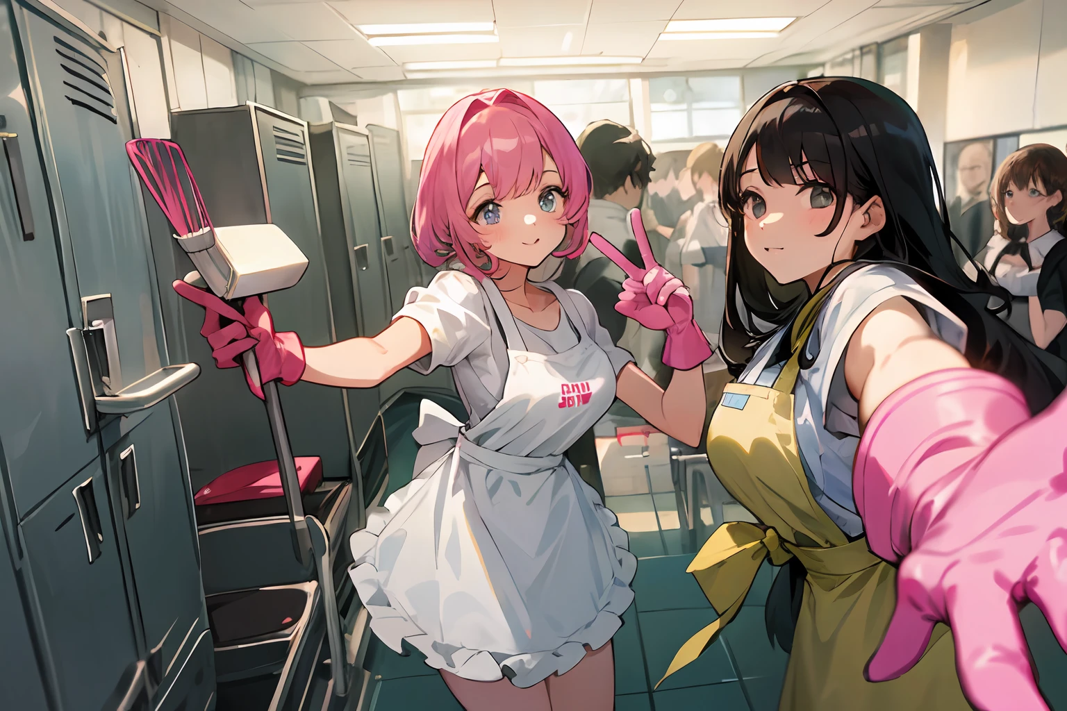 (masuter piece、hightquality)、(multipel Girls)、hi-school girl、Locker room in the gymnasium、(white  panties)、White bra、(Group Selfies)、wide angles、volume illumination、Best Shadows、(top-quality、amazing detailed:1.25)、Brilliant Colorful Paintings、Rubber Apron、Rubber Apron、rubber glove、Pink rubber gloves、Pink cooking gloves、Long gloves、Glossy gloves、Glossy apron