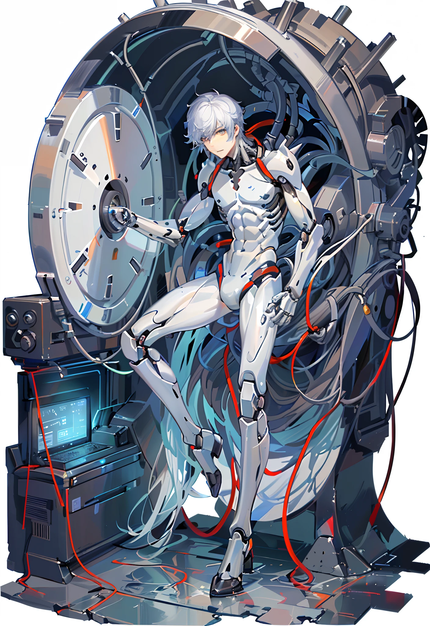 Young men,1 boy,Solo,solo person,(Male),The right leg is a mechanical prosthesis,droid,white colored eyelashes,White eyes,cable wires,electrical wires,(Transparent surface and epidermis:1.5)Electronic,(Mechanical vertebrae and ribs:1.3),afloat,Under the water,Float in the nutrient solution,Inside the water,Petri dish,Culture the sink,Under the water,Lab Room,Bionic Man