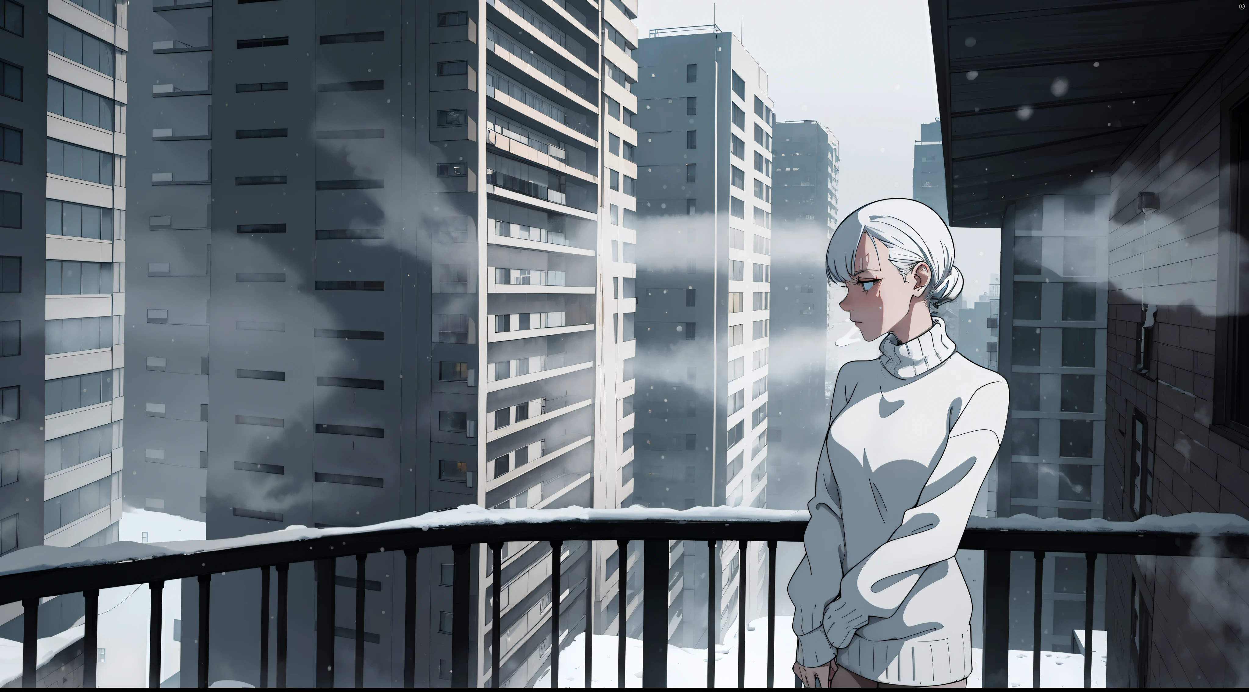 one woman, leaning on the railing of the balcony of high rise building, wearing white sweater, alone, midnight, sad mood, ultra detail, snow, dark, smoking, bleak, sad, alone, cyberpunk, winter, snowing, foggy, far shot, cigarette, visually busy, visual clutter, cinematic, anatomically correct