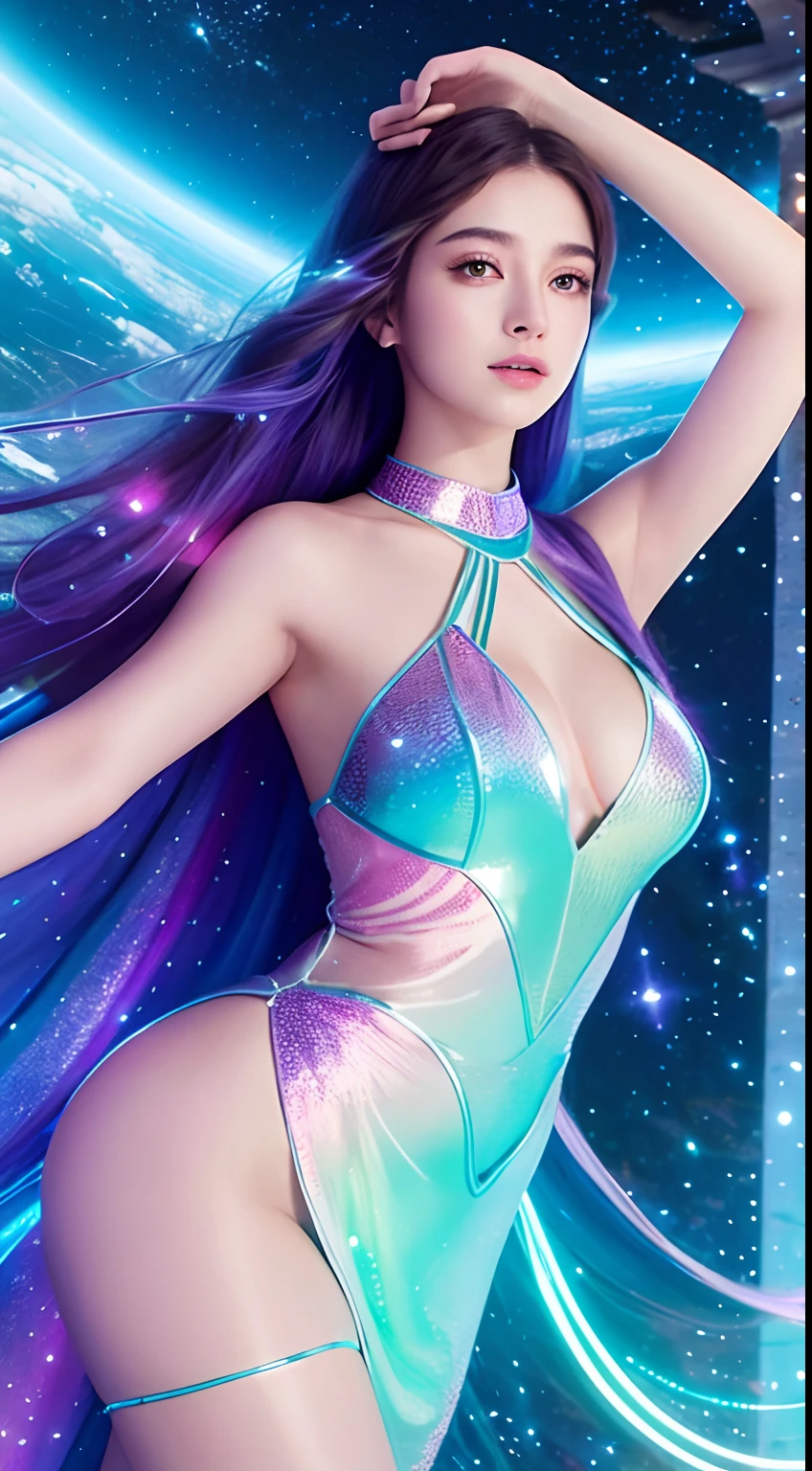 4K ultra hd, masterpiece, a girl with a magical aura, good face, long hair, shining hair, detailed eyes, glossy lips, wearing a dress in color white, aura around the body, magical effects, spreading green and blue lights, Cosmic elements and ethereal atmosphere, A mix of bright lights and colorful nebulas, universe background, attractive pose, whole body capture.