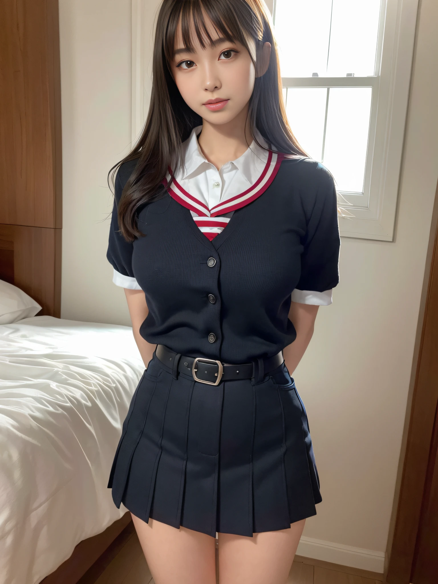 (8k, RAW Photo, Best Quality, Masterpiece:1.2), Ultra Detail, Super Resolution, (Realistic, Realistic Photo:1.37), Portrait, Professional Photo, Extremely Detailed and Beautiful, amazing and detailed, huge file size, official art, highly detailed CG unity 8k wallpaper, highly detailed beautiful girl, highly detailed face, highly detailed eyes, highly detailed skin, highly detailed fingers, highly detailed nose, very detailed detailed mouth , perfect anatomy, highly detailed background, highly detailed clothes, 1girl, 16s year old girl, cute girl, realistic body, petite, fair skin, glowing skin , slender proportions, A slight smil,Sexy and feminine,Bed room, medium breasts, high school uniform,