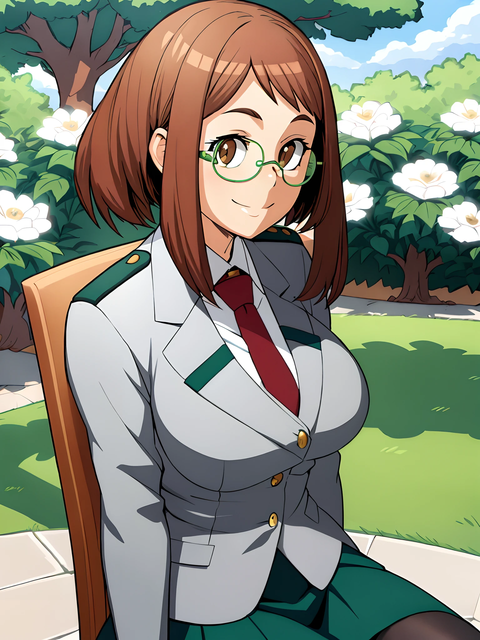 a beautiful and detailed character portrait of ochako, brown hair, school uniform, pantyhose, green skirt,grey coat, tie, , smile, trees, ((flowers)), bushes,solo, cinematic lighting, shaded, sit, park, masterpiece, best quality, (((glasses))), ((rim-less eyewear)), (((mature female))), tall, beautiful, medium breast, milf, (eyewear:0.9)