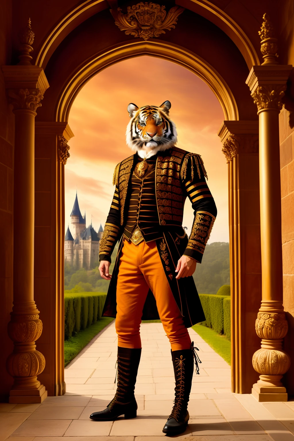 (masterpiece), animal, portrait of [man:tiger:2] humanoid, pirate tiger, tiger one eye,wearing king clothes, intricate design clothing, tiger legs, , Renaissance style screen, background inside castle, high details castle interior, face, soft lighting,