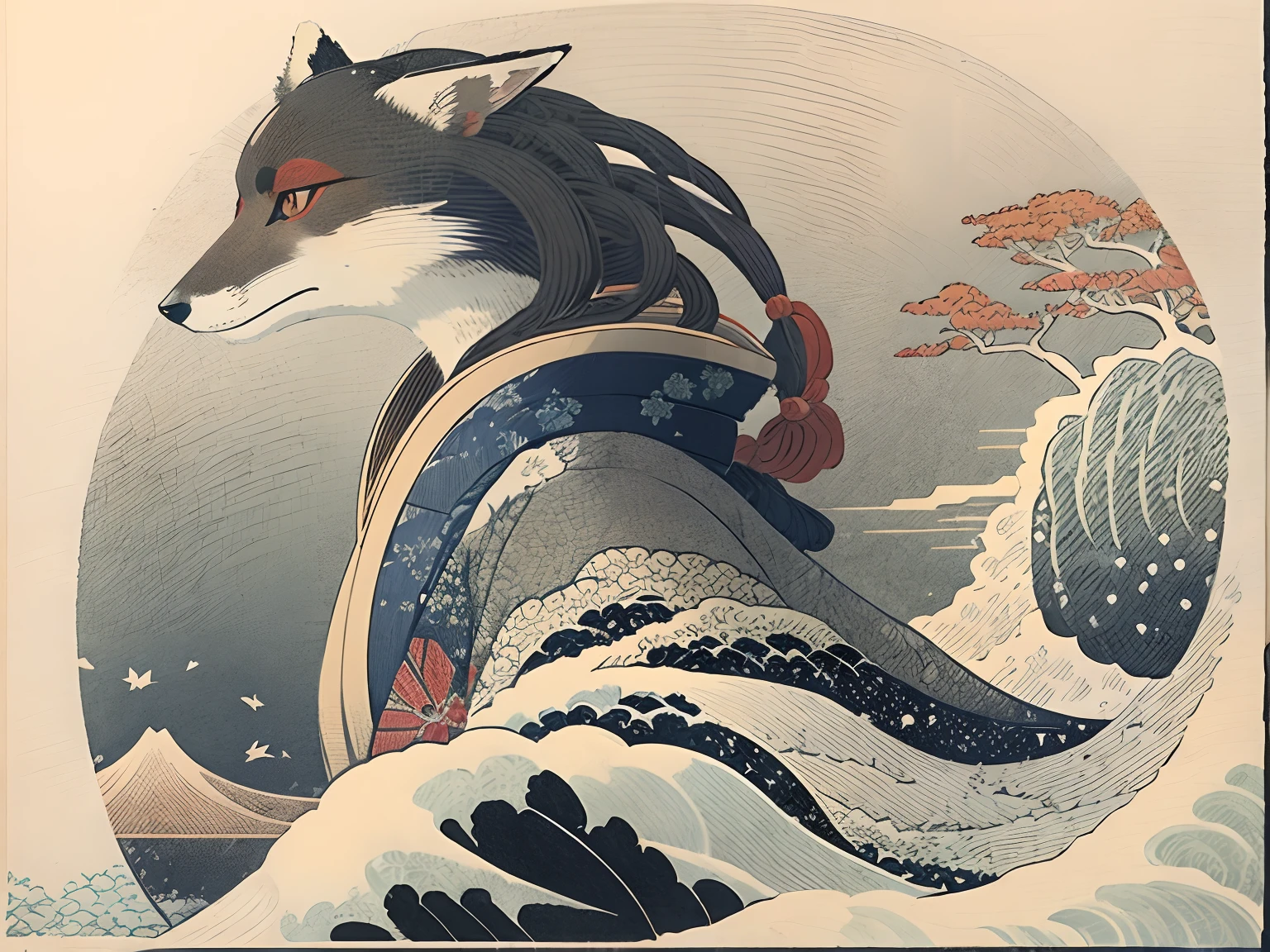 Red maple leaf Hokusai style ukiyo-e fox Antique