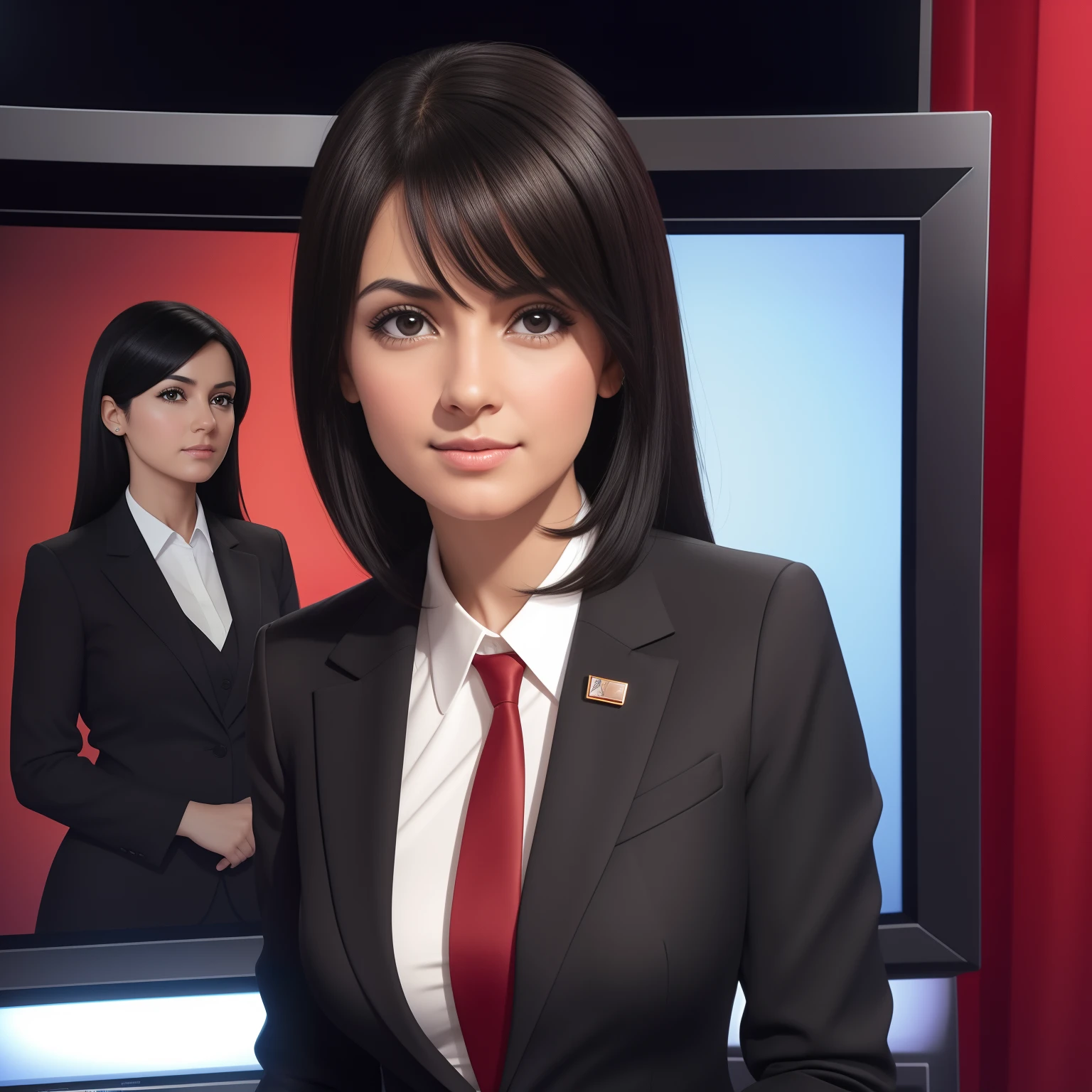 Realistic pictures of women, 25 years old, Medium black hair, Brown eyes, Bust facing the camera, Looking at the camera, Red suit, Dressed as a TV presenter, Focus from the waist up