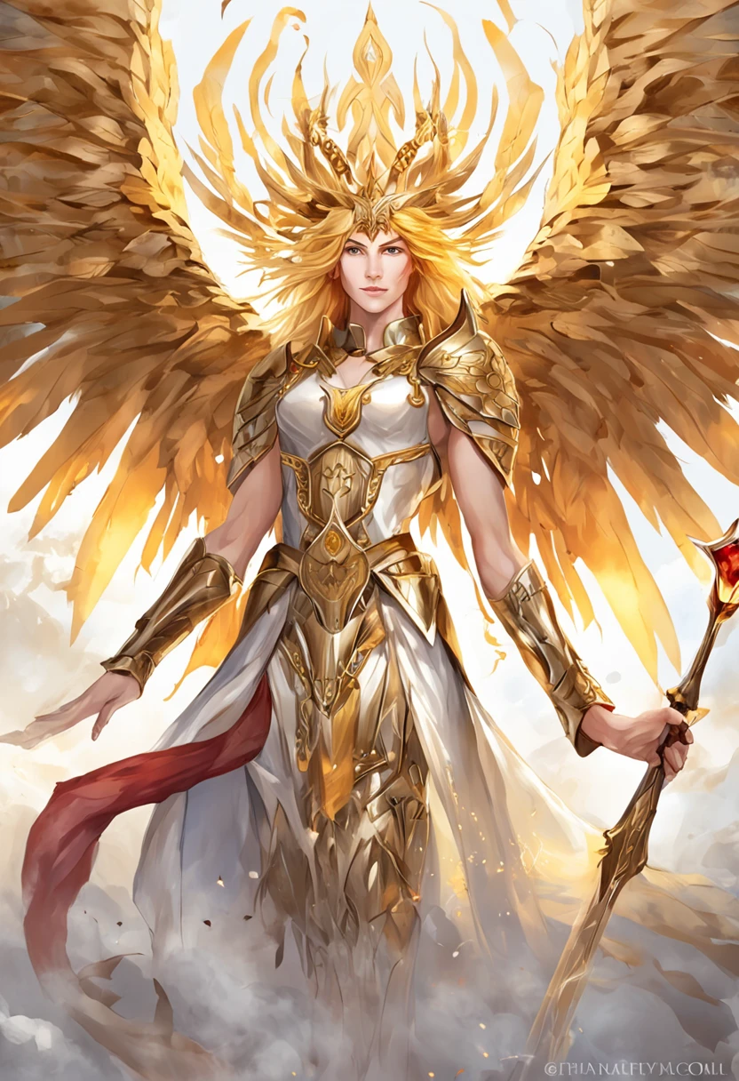 golden hair，King with scarlet eyes，Holding a giant golden holy sword，Burning flames，The angel wings behind him spread，Dressed in dark gold patterned armor，Decorated with sun patterns，Incarnation of the sun god Apollo，Lion Phantom