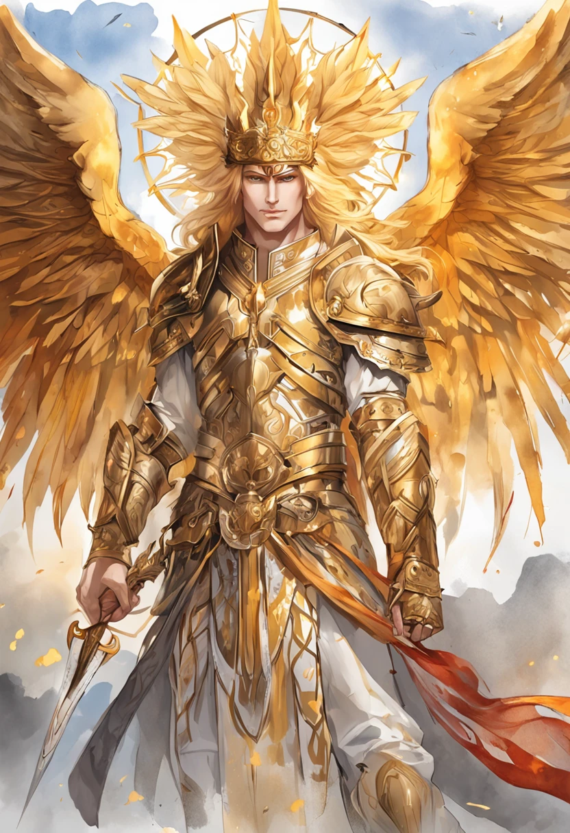 golden hair,King with scarlet eyes,Holding a giant golden holy sword,Burning flames,The angel wings behind him spread,Dressed in dark gold patterned armor,Decorated with sun patterns,Incarnation of the sun god Apollo,Lion Phantom