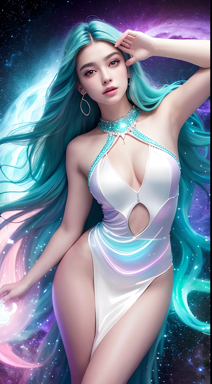 4K ultra hd, masterpiece, a girl with a magical aura, good face, long hair, shining hair, detailed eyes, glossy lips, wearing a dress in color white, aura around the body, magical effects, spreading green and blue lights, Cosmic elements and ethereal atmosphere, A mix of bright lights and colorful nebulas, universe background, attractive pose, whole body capture.