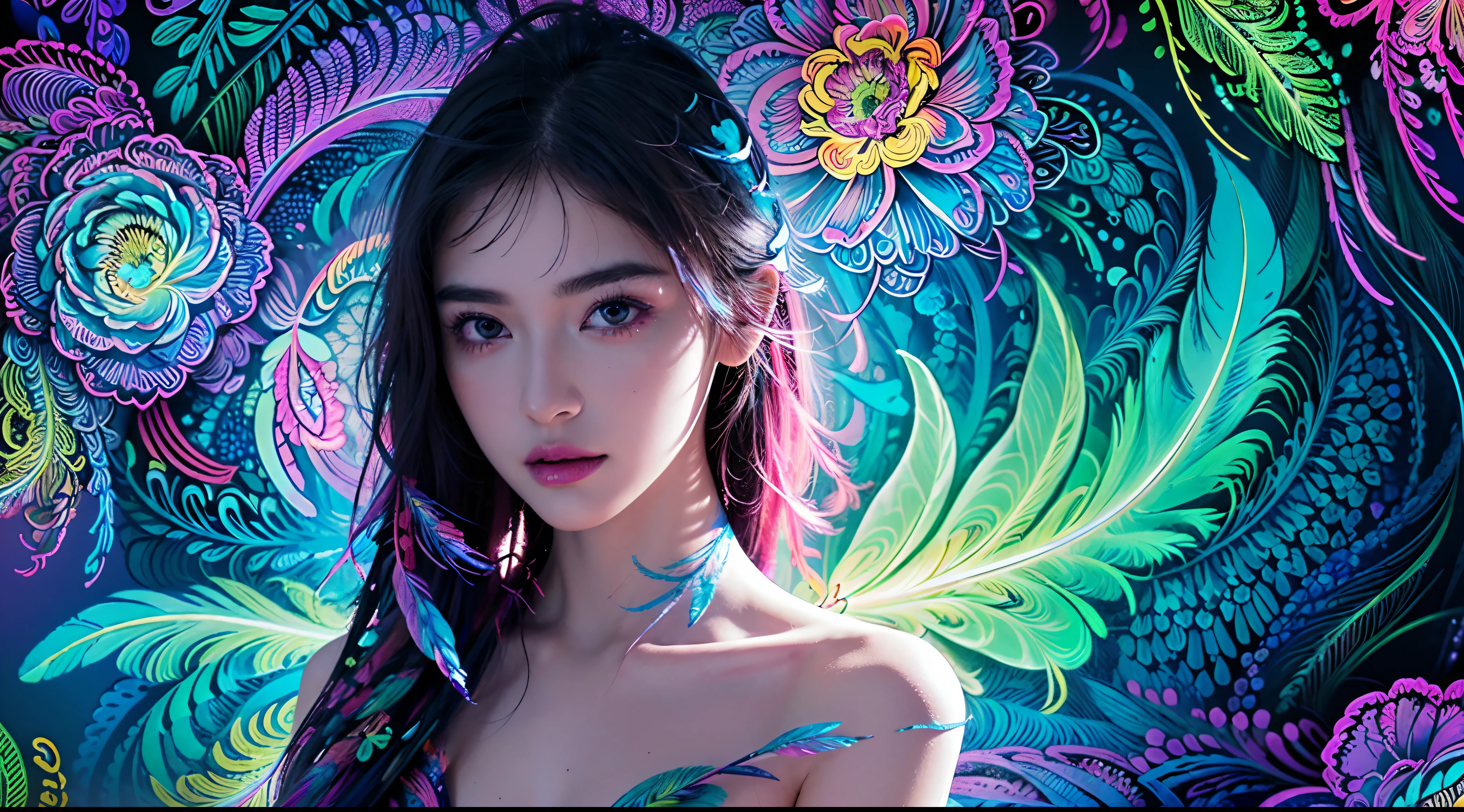 masterpiece, top quality, best quality, official art, beautiful and aesthetic:1.2), (1girl:1.3), extremely detailed,(fractal art:1.1)neon,(colorful:1.1)neon(flowers:1.3)neon,highest detailed,(zentangle:1.2)neon, (dynamic pose), (abstract background:1.3) neon, (shiny skin), (many colors:1.4)neon, (feathers:1.5), neonlight