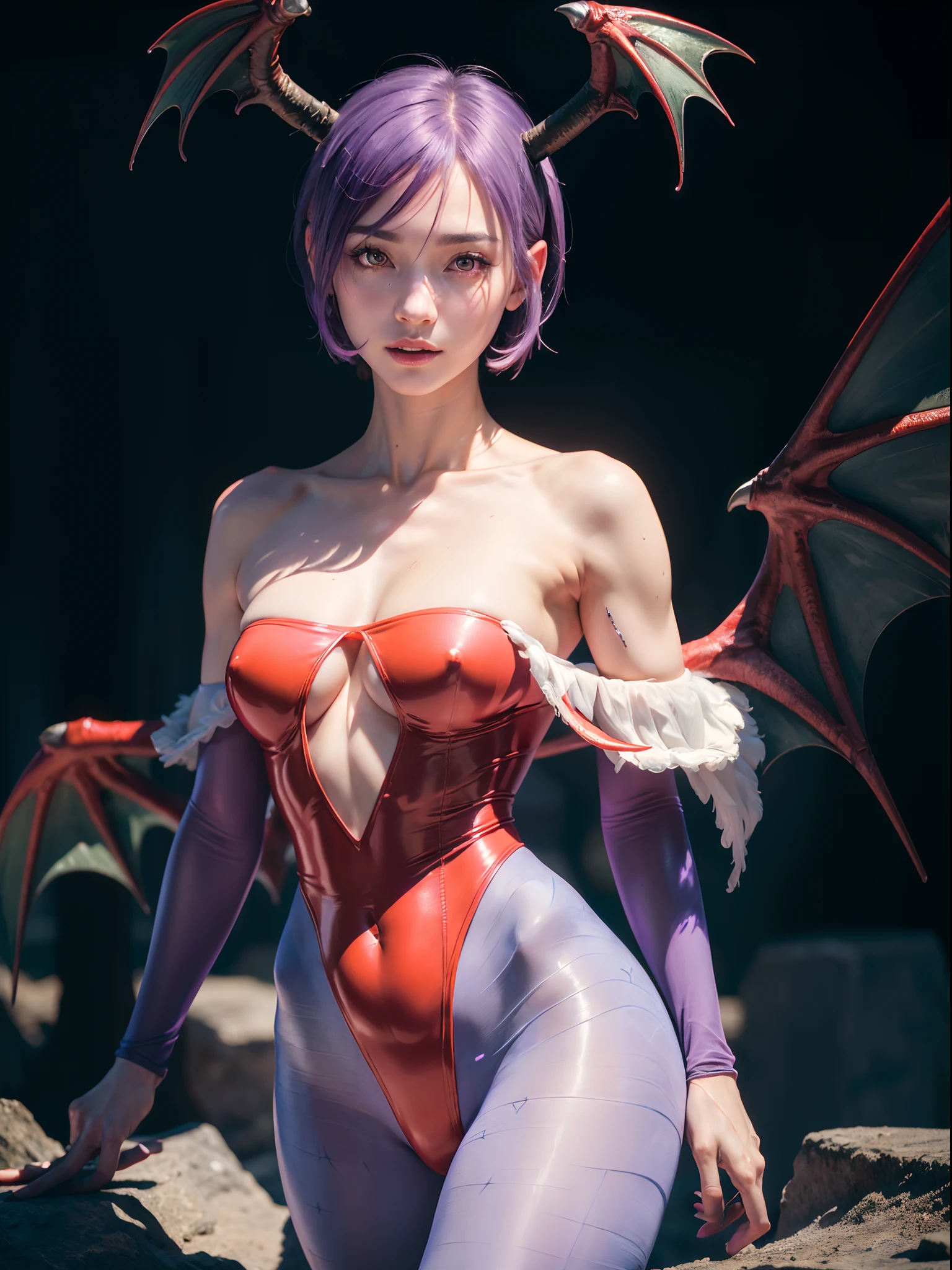 ((Masterpiece)), (high resolution:1.4), (standing:1.2), (dinamic pose:1.4), lilith aensland, violet hair, looking at viewer, beautifull smile, graveyard at night background, dark castle outside, beautiful face, highly detailed skin, skin pores, (highly detailed face:1.1), (highly detailed eyes:1.1), realistic pupils, full face blush, full lips, (perfect anatomy:1.1), (perfect proportions:1.1), (photography:1.1), (photorealistic:1.1), volumetric lighting, dynamic lighting, real shadows, (highres:1.1), sharp focus, (realistic, hyperrealistic:1.4), intricate, high detail, dramatic, subsurface scattering, big depth of field, vivid, polished, sharpened, ((full Sharp)), (extremely absurdres),16k hdr,