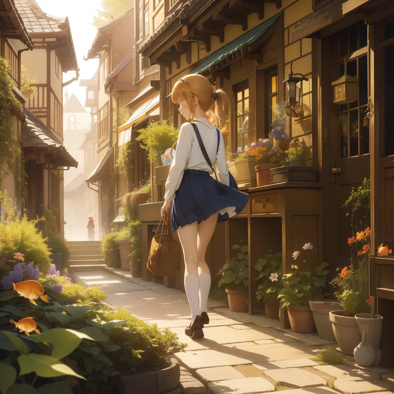 Anton Pieck, Jessie Willcox Smith, Margaret Tarrant, animesque wondrous strange Whimsical Sci-Fi Fantasy Goldfish World Ryukin Izumi gold Dutch Lion's Head Lanc-ch'u-hsien Wakin Swimming in the air Goldfish scoop matsuri Miniskirt schoolgirl walking path