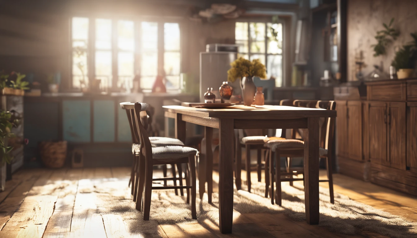 Wooden table top on the left，Home environment，NOhumans，No plants，Fresh air，lamplight，Wooden furniture，European decoration，Background focus blur，Photorealistic rendering