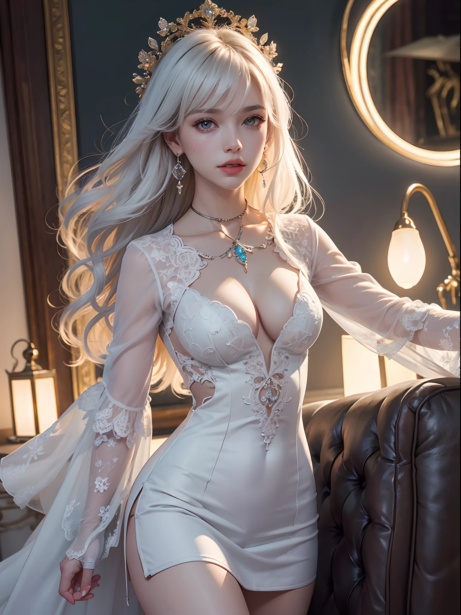 Unbeatable masterpiece, Ultra photo realsisim, Perfect artwork, Intricate details, Best quality, Strong light,High contrast,(Extremely detailed CG unified 8K wallpapers .Masterpiece , (((Best quality))) , ultradetailed , Beautiful detailed eyes:1.2)((Extremely detailed))) , Highly detailed and beautiful , small detailed , Ultra detailed , best qualtiy , Intricate , 4K , 8K , Trend Art Station , Good anatomy , beautiful light up , Award-winning , jewelry , dress , Breasts , Earrings , separated sleeves , Black gloves , cleavage , White hair .Long sleeves , bangs , Medium breasts